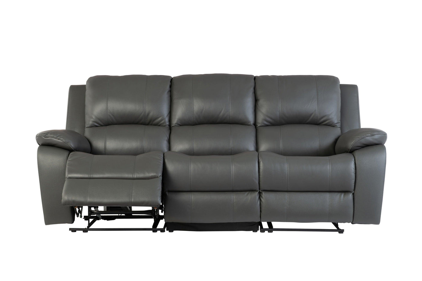 Grey leather reclining sofa with padded armrests and extended footrest front view
