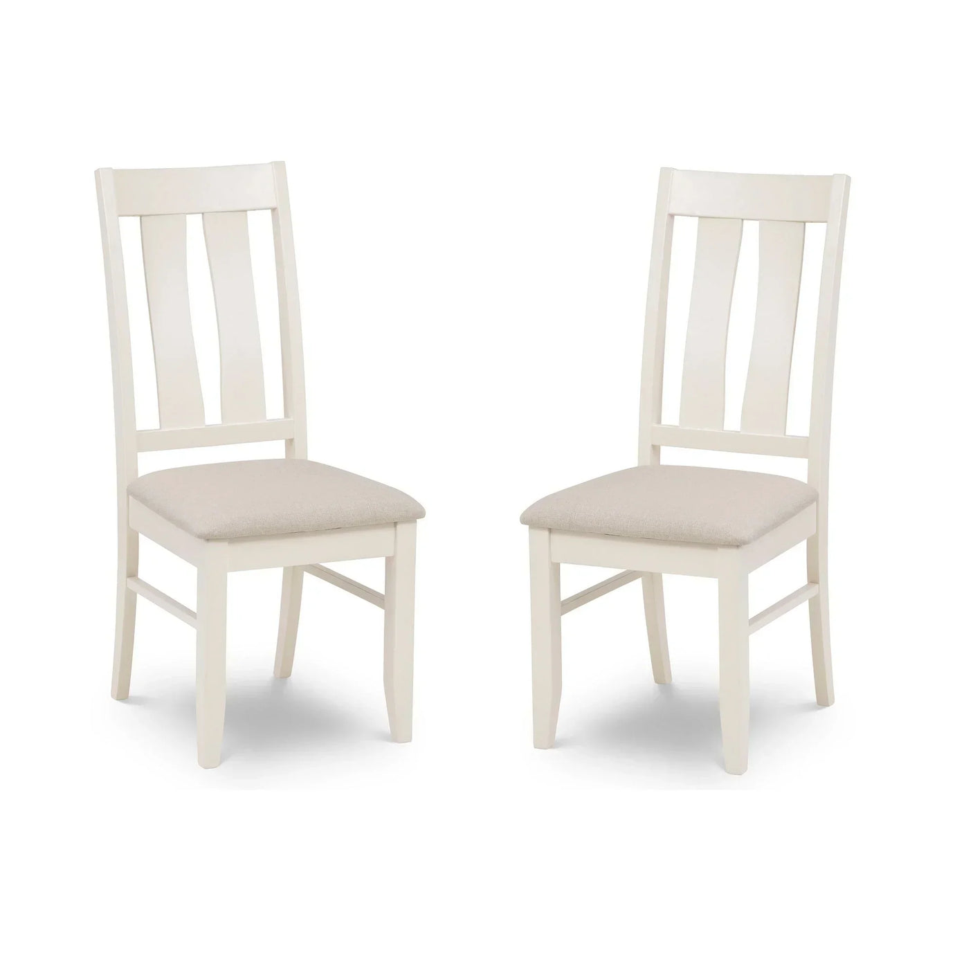 Pair of white wooden dining chairs with beige fabric upholstered seats