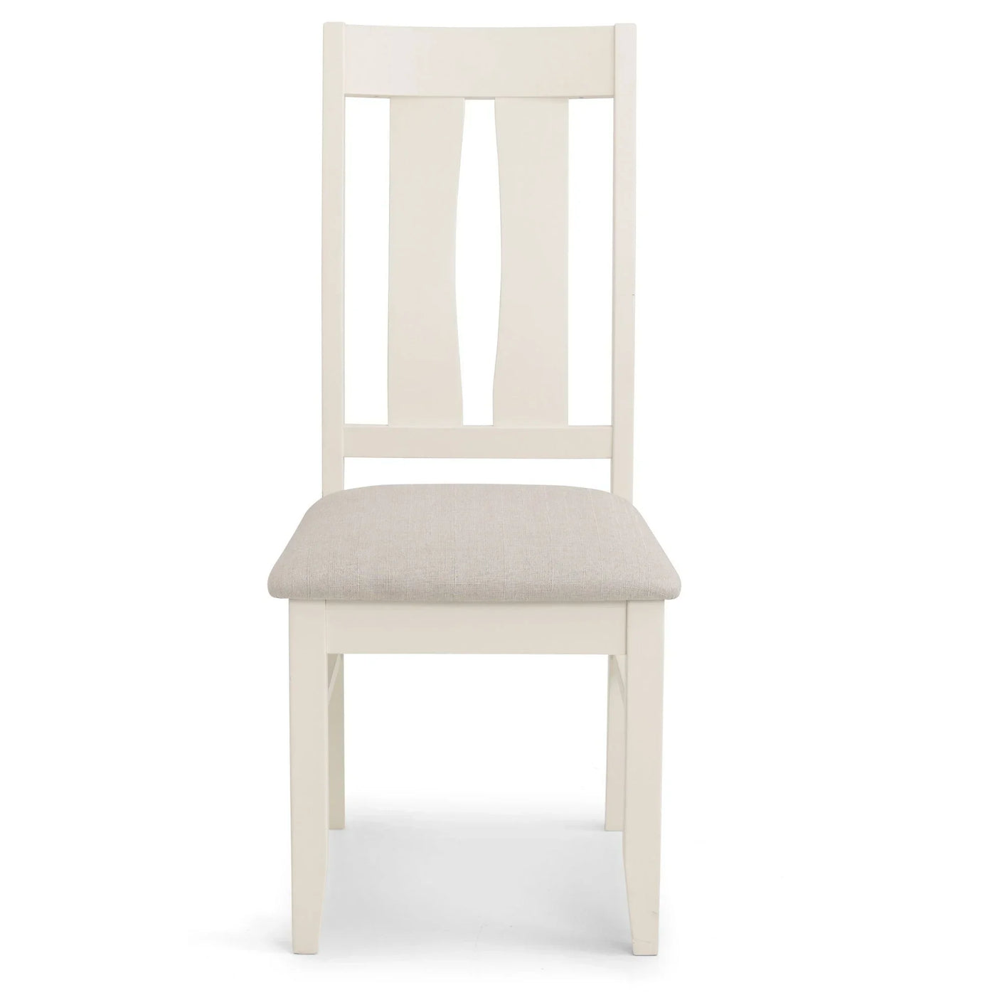 White wooden dining chair with beige cushioned seat, front view