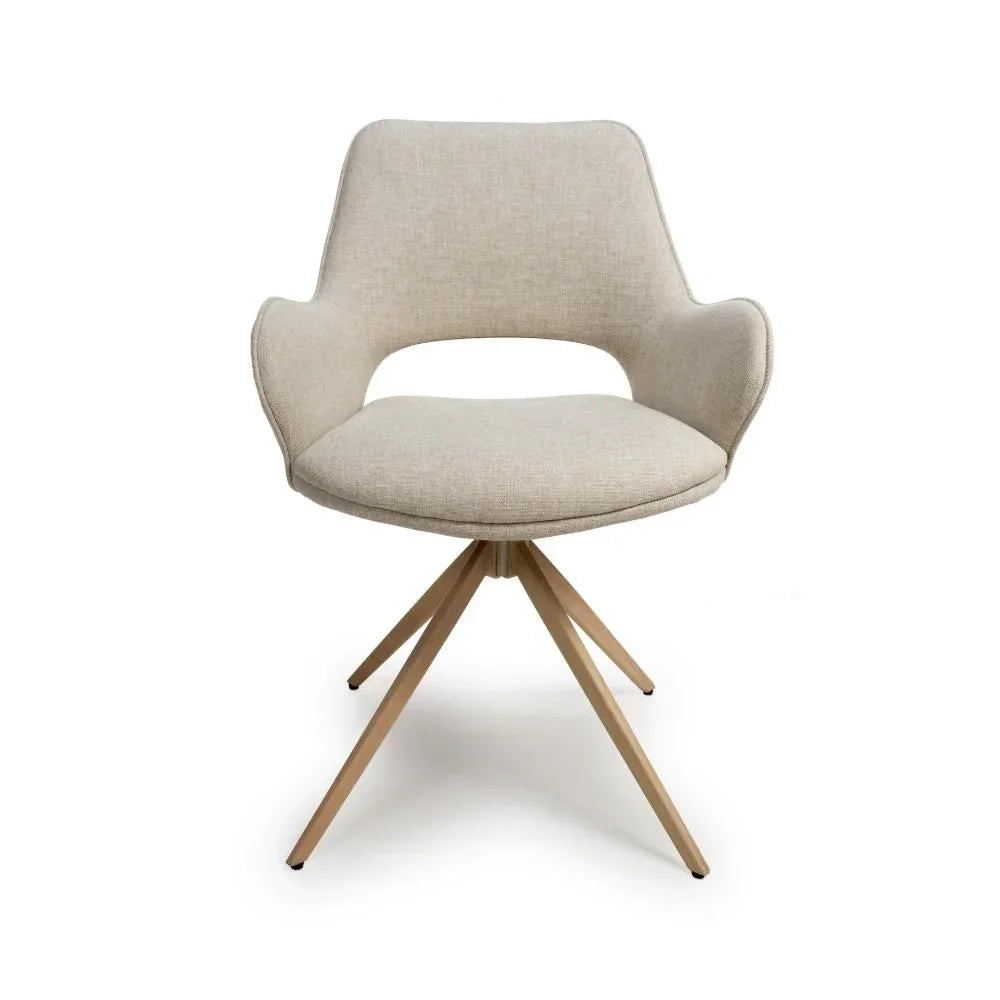 Modern beige fabric accent chair with open back and wooden tripod legs, front view