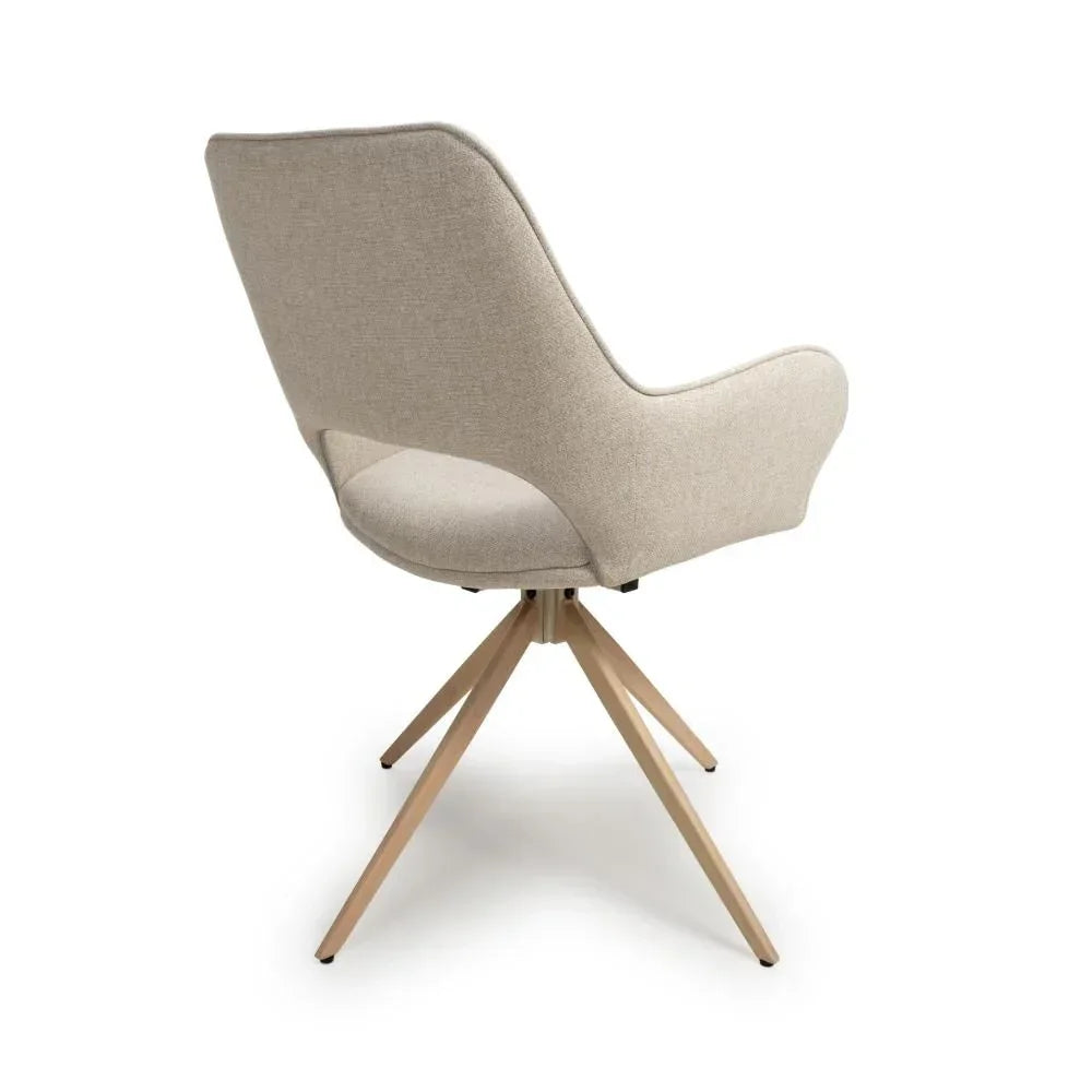 Beige fabric accent chair with wooden legs rear view