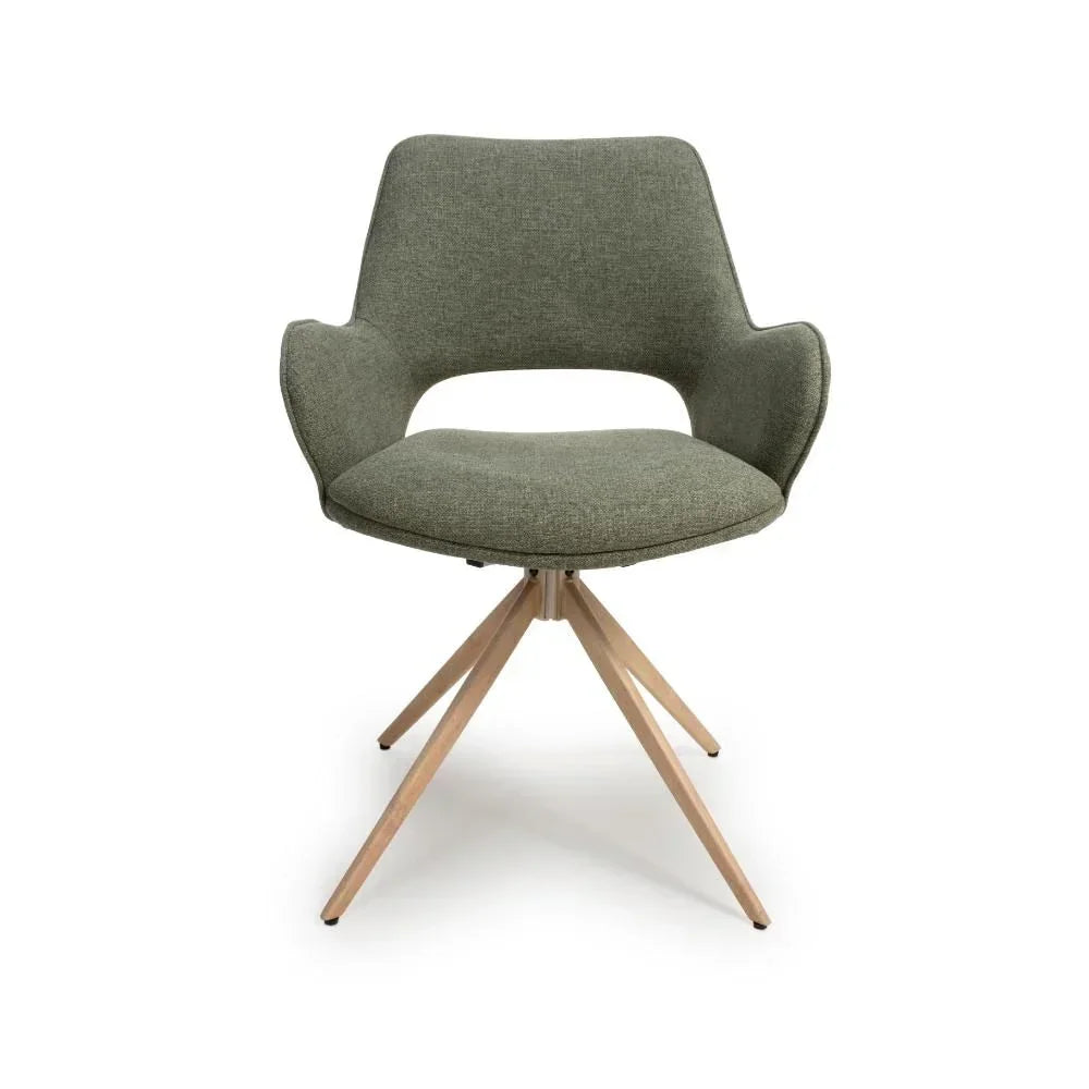 Grey fabric accent chair with curved backrest and wooden legs, front view