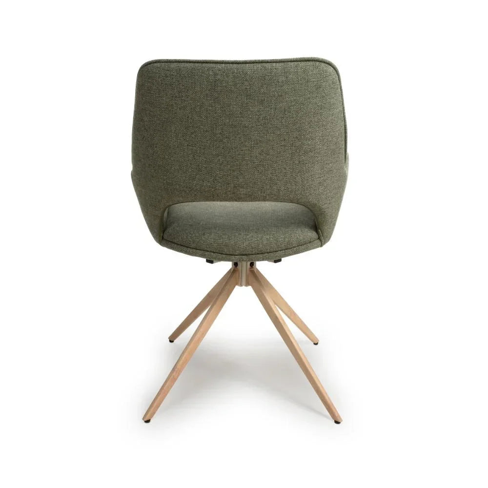 Green upholstered dining chair with wooden legs, rear view