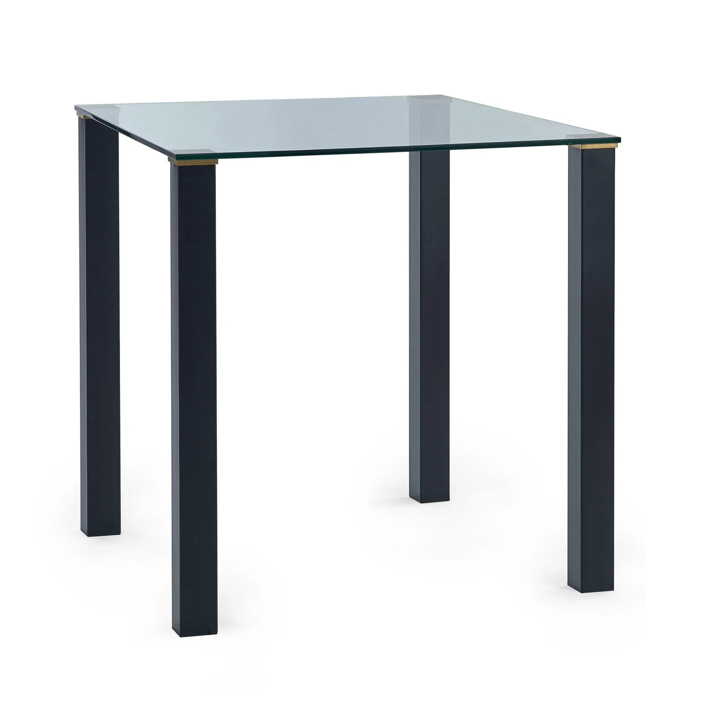 Glass square dining table with black metal legs, modern minimalist design on white background