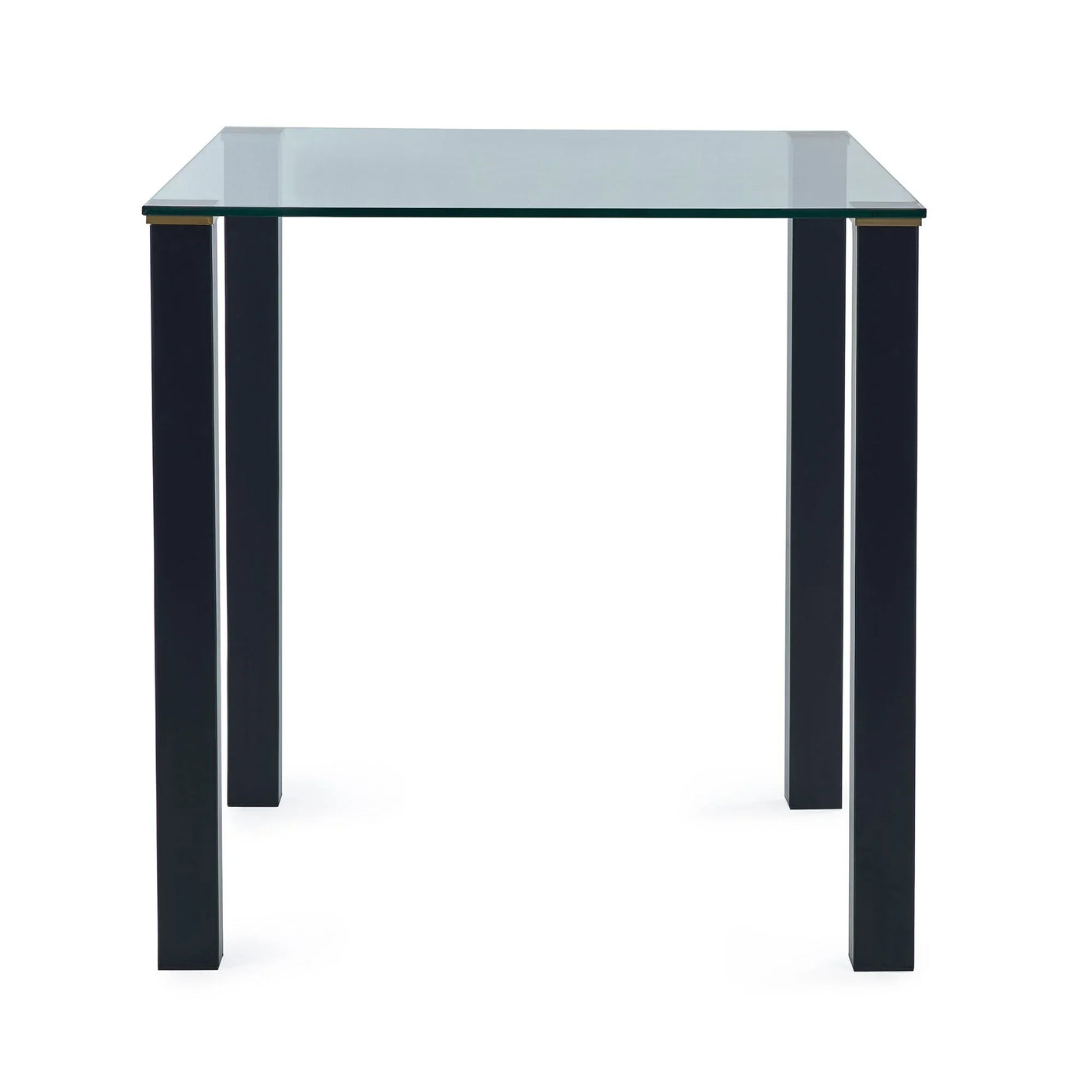 Square glass dining table with black legs, cutout view on white background