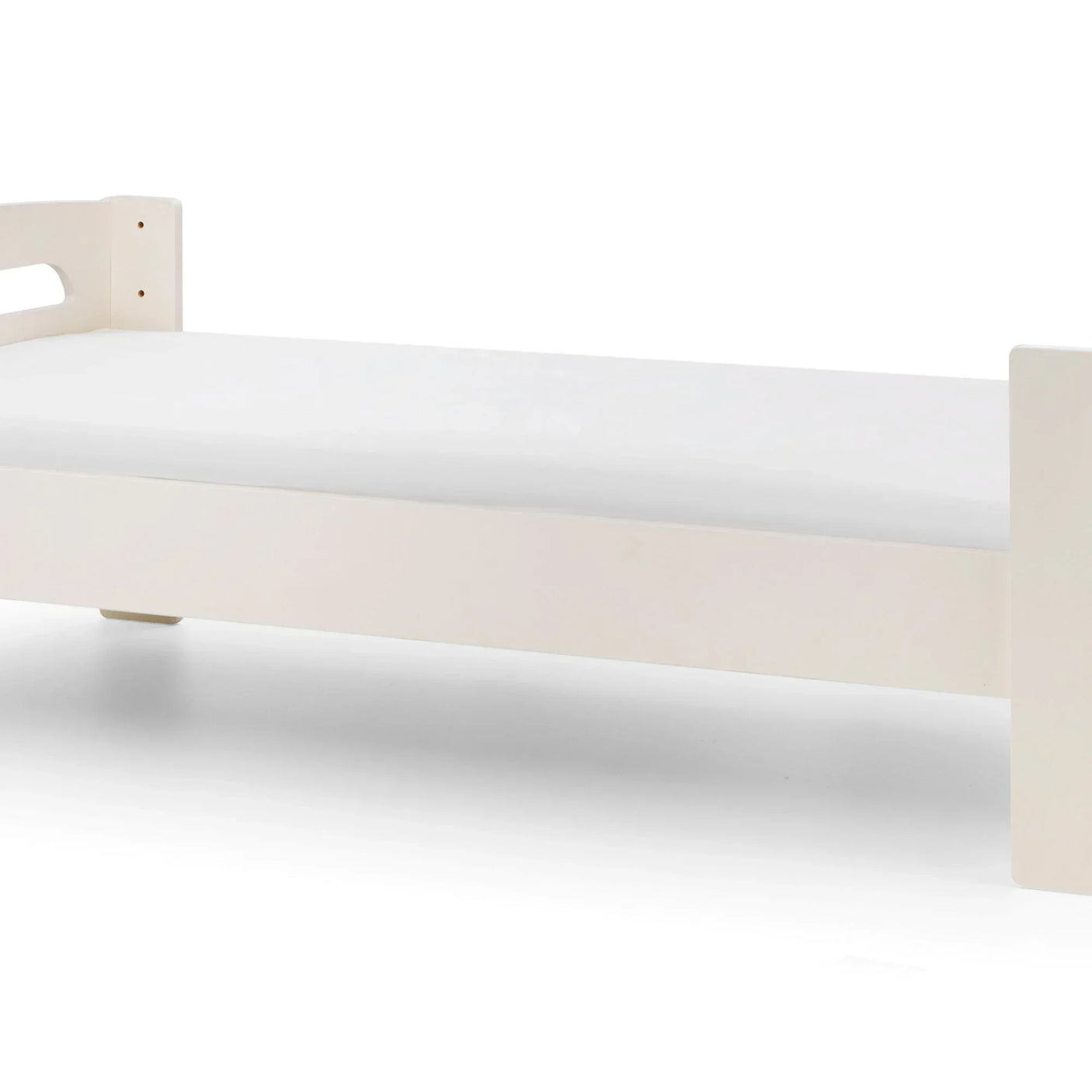 Pluto midsleeper bed in stone white finish with solid frame and safety rail, side view