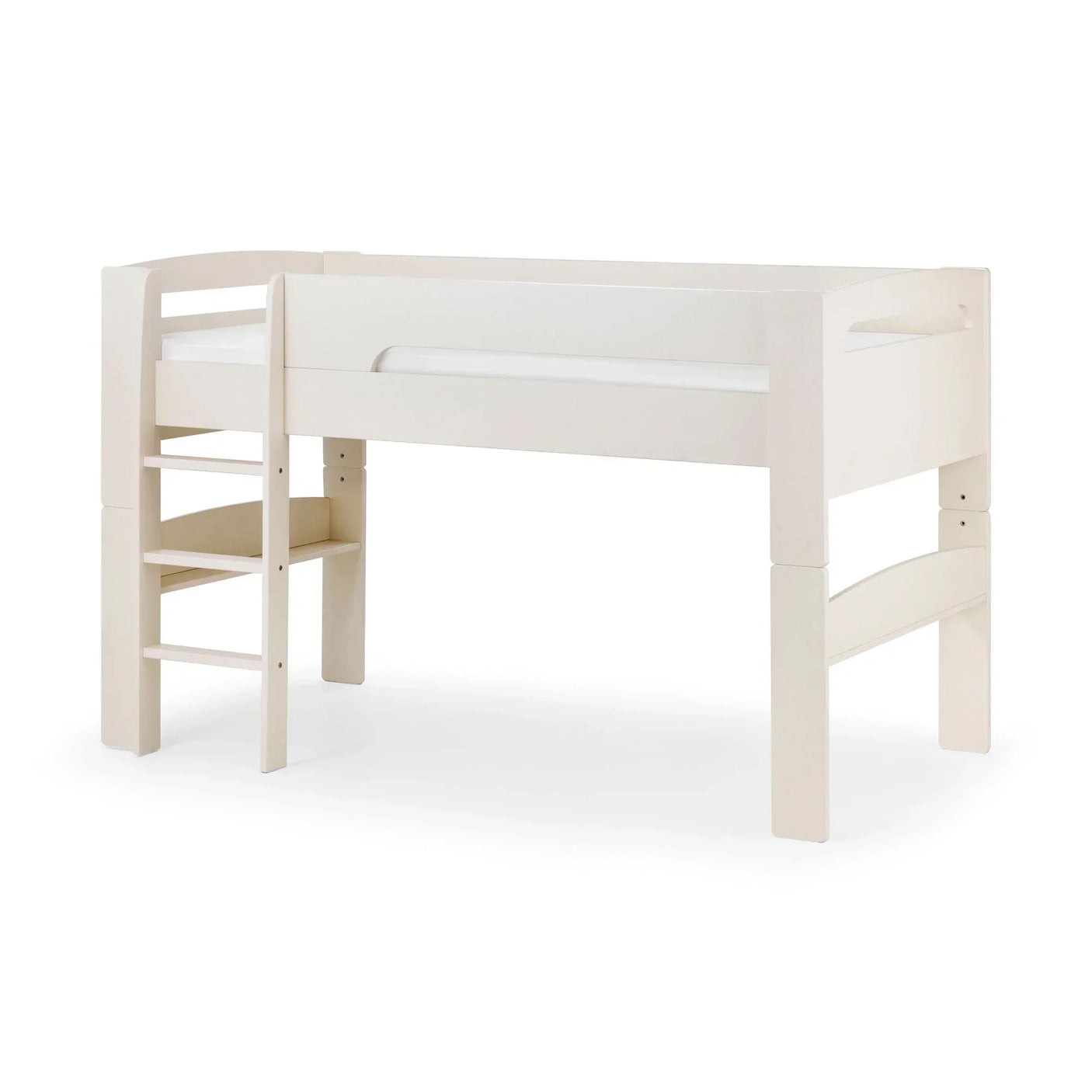 White wooden mid sleeper bed with built-in ladder and safety rails, front angle view