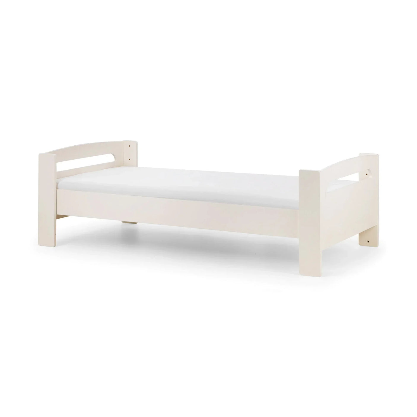 Cream wooden bed frame with low profile and curved headboard, shown on white background