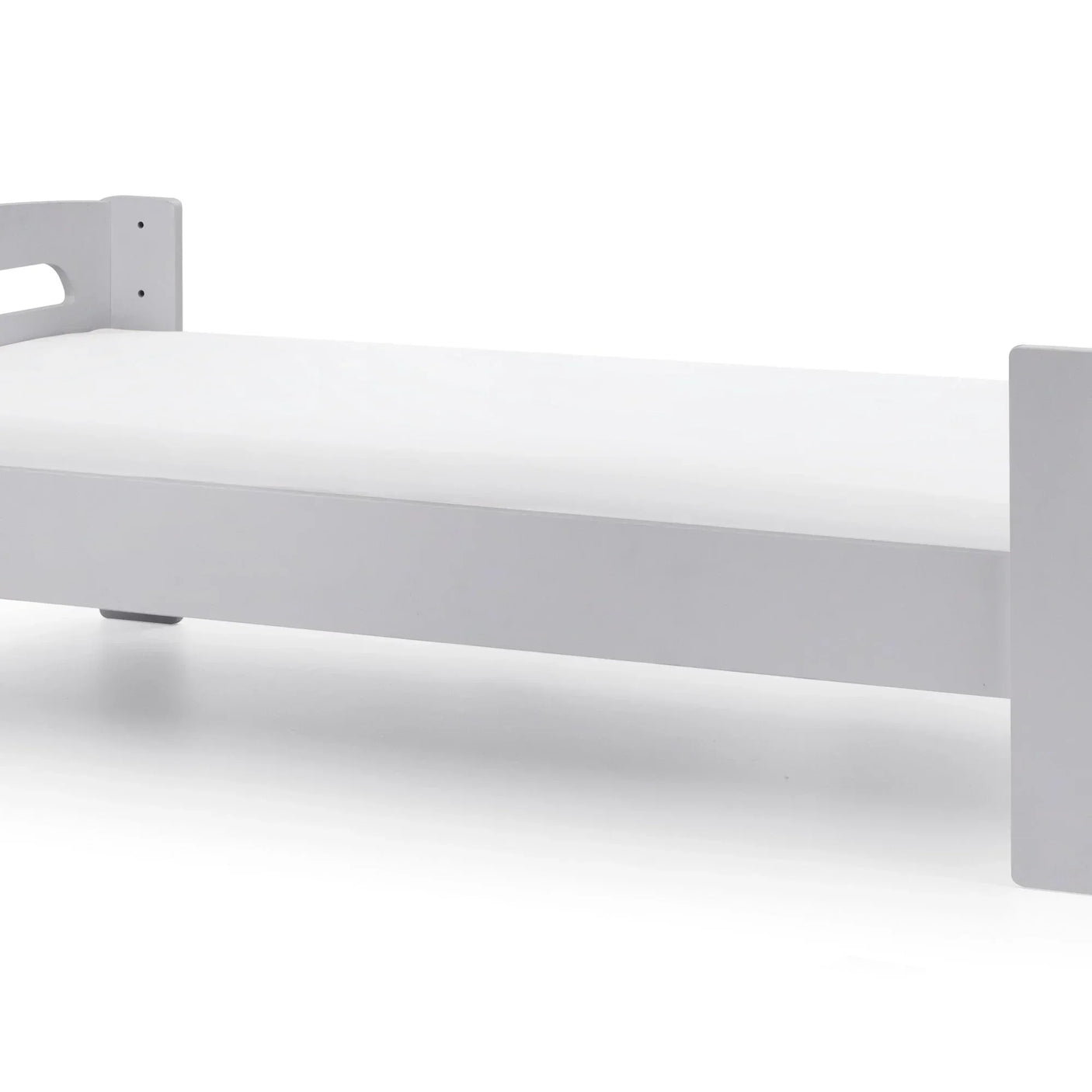 Pluto midsleeper bed in dove grey with flat headboard and footboard, side angle view