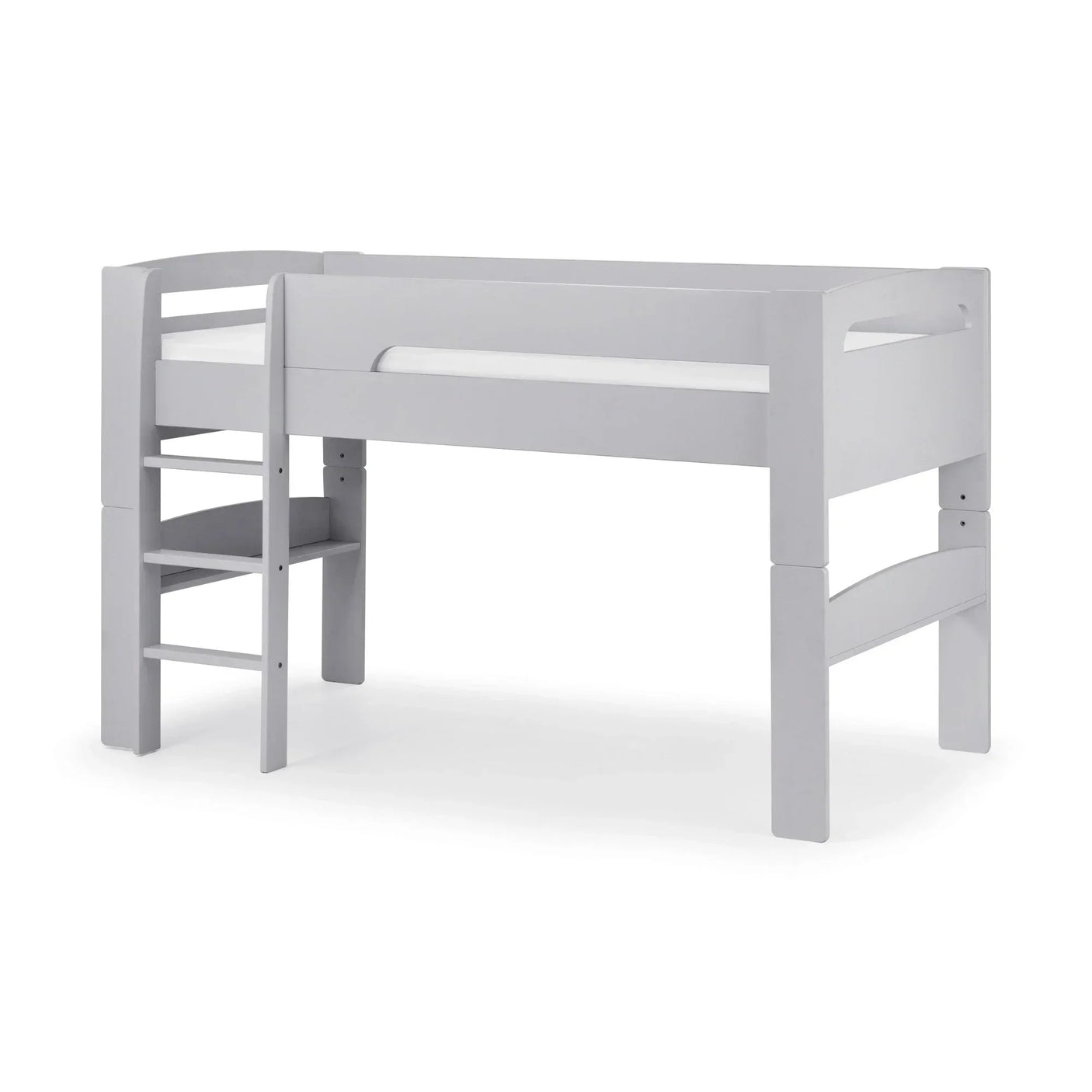 Grey wooden mid sleeper bed frame with safety rails and ladder, shown on white background