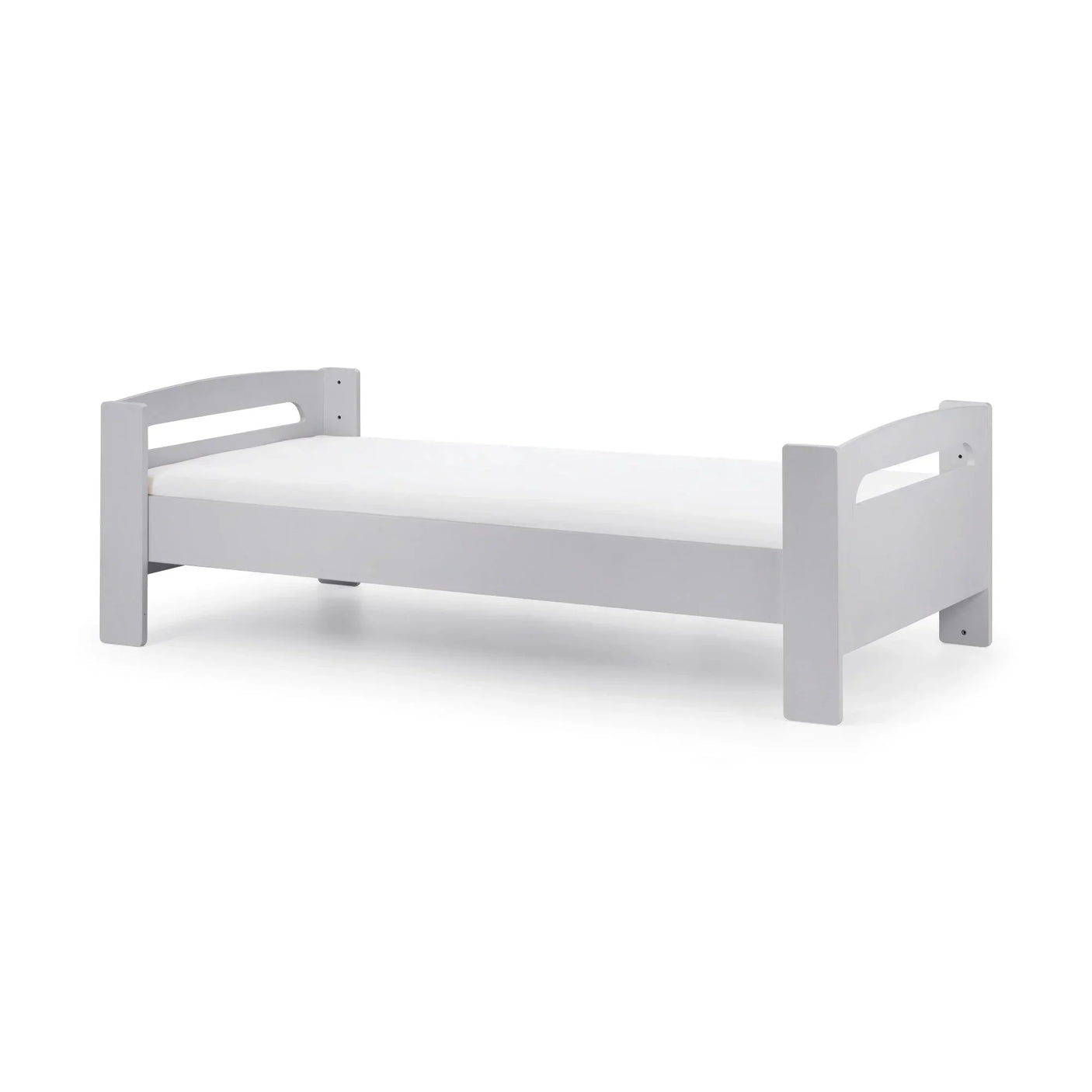 Grey wooden single bed frame with low headboard and footboard, side angle view