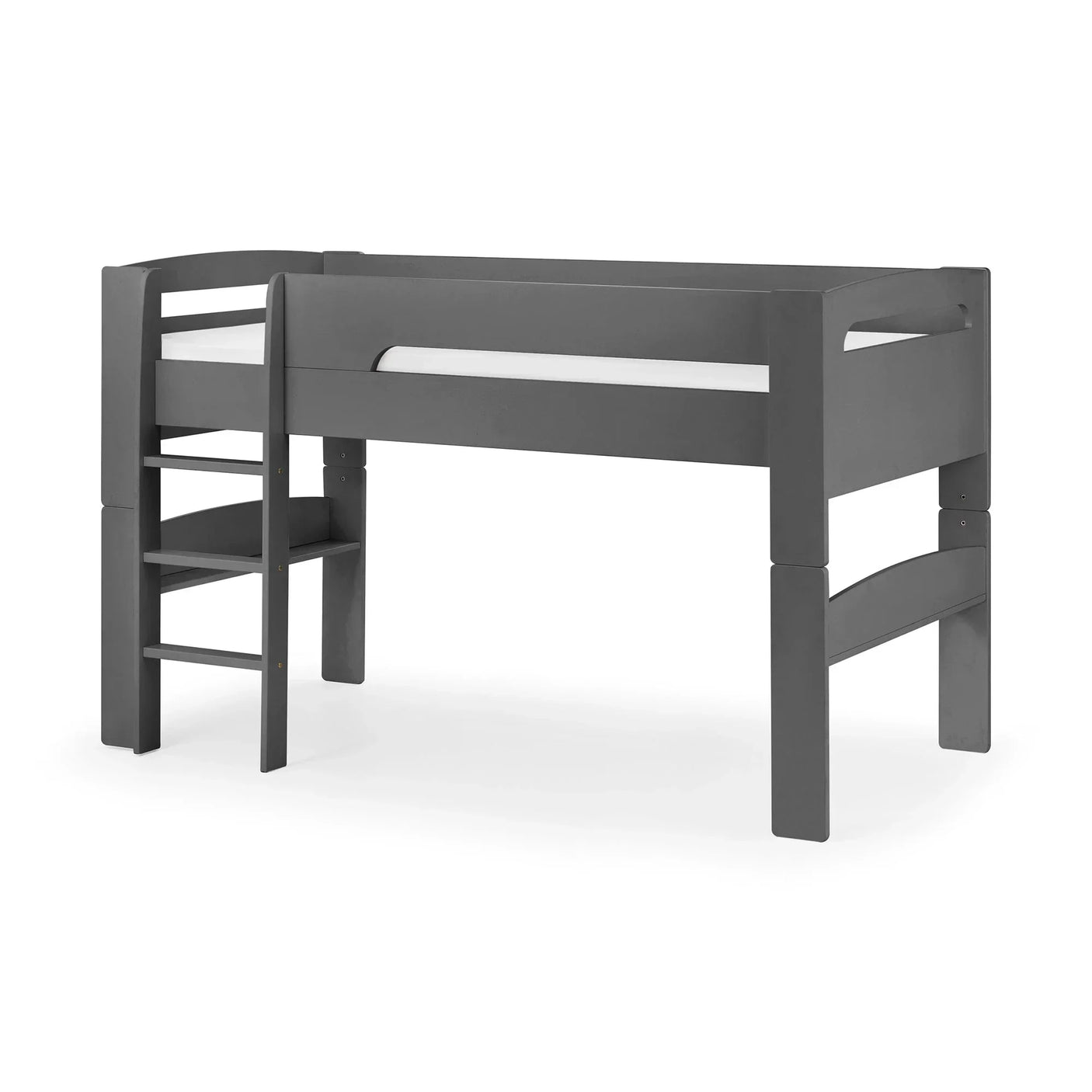 Anthracite midsleeper bed with ladder, raised frame and safety rails, shown on white background