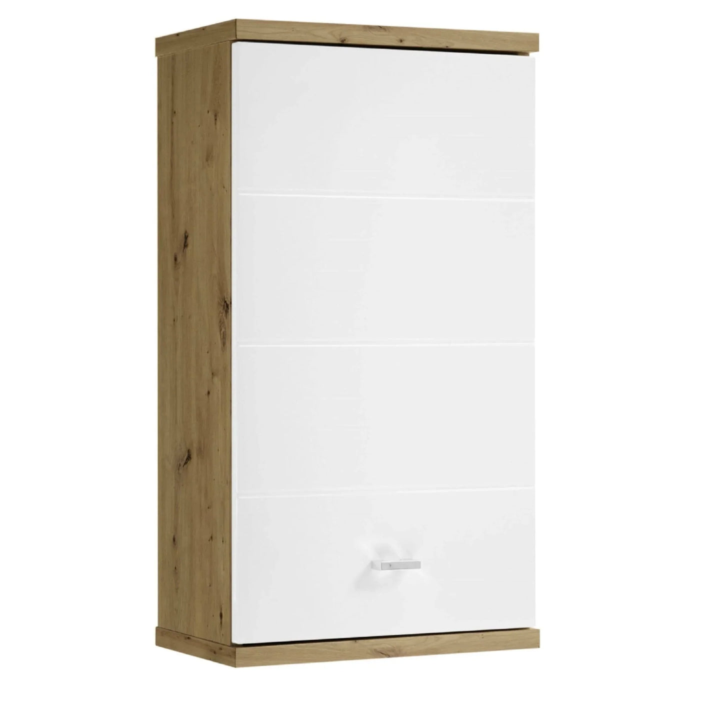 Tall oak and white wall cabinet with single door and modern metal handle
