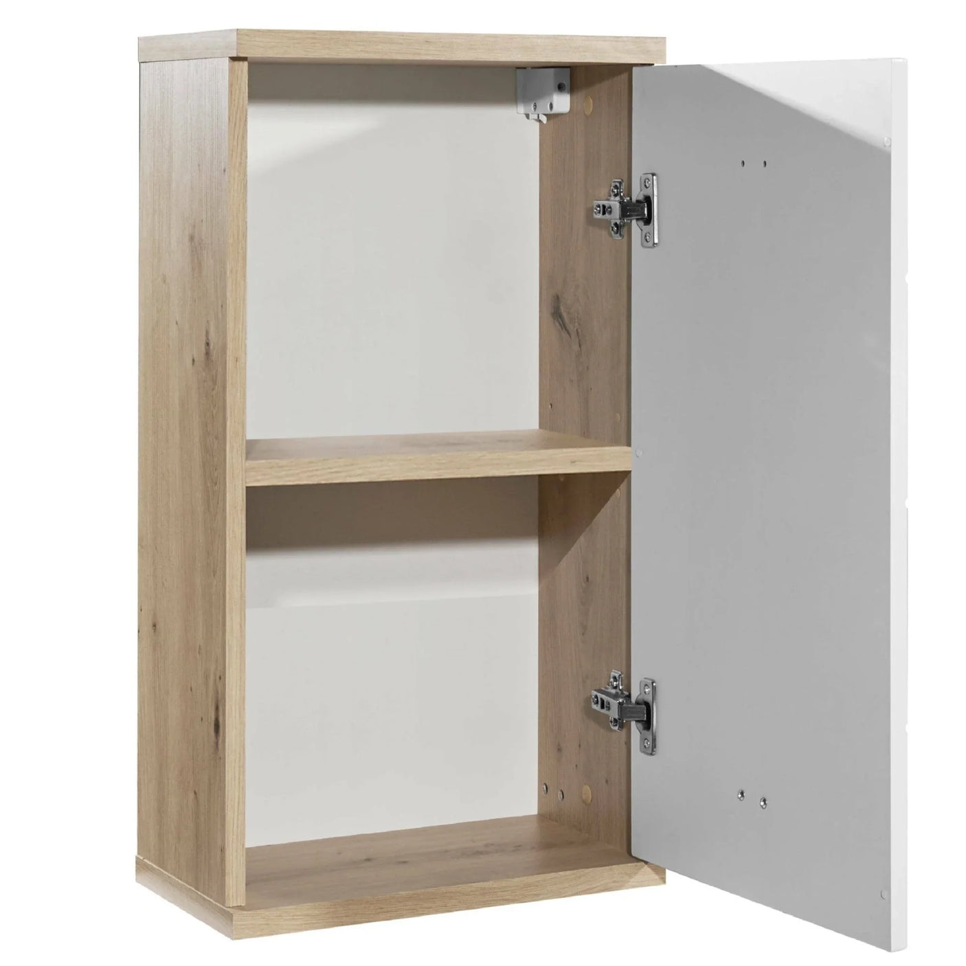 Oak effect wall cabinet with single door open showing two internal shelves