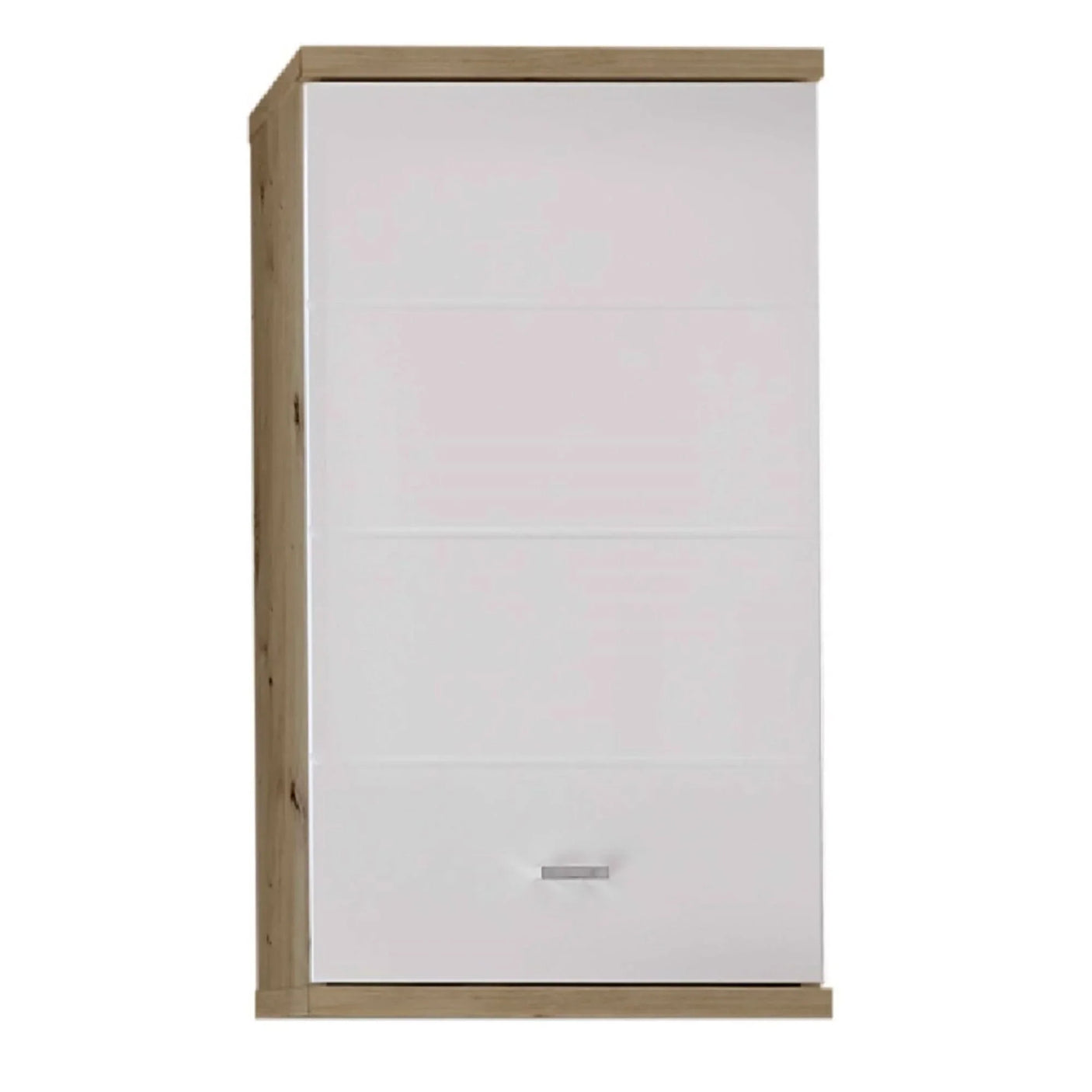 White wall storage cabinet with wood trim and silver handle, front view