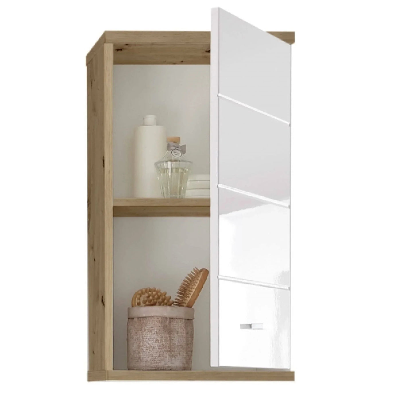Wall mounted bathroom cabinet with wood frame, white gloss door, and open shelves with toiletries