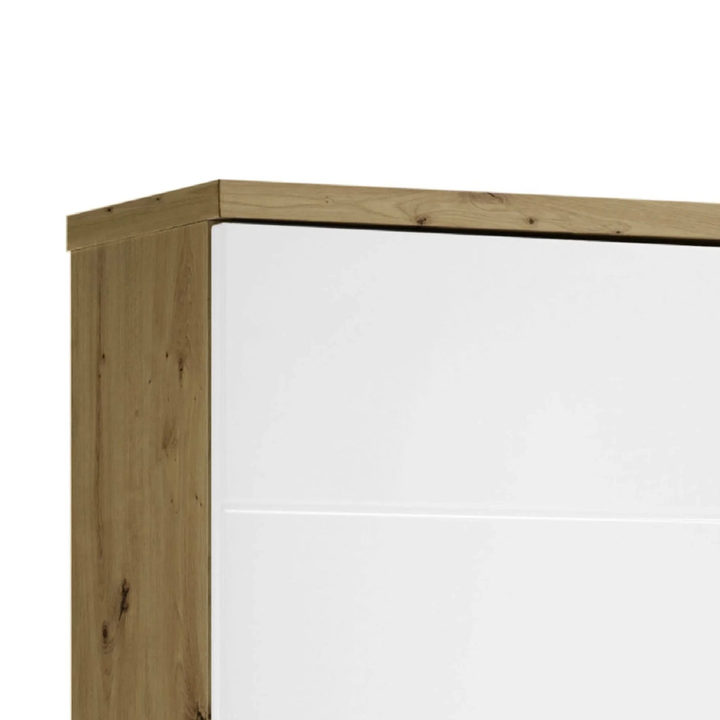 Oak wardrobe corner with white gloss door panel and wood grain finish detail