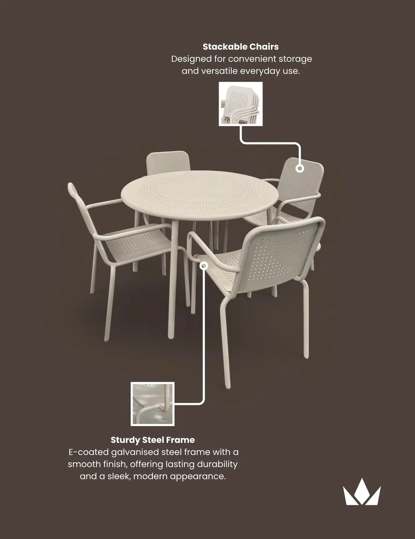 Champagne steel outdoor dining set with round table and four stackable chairs