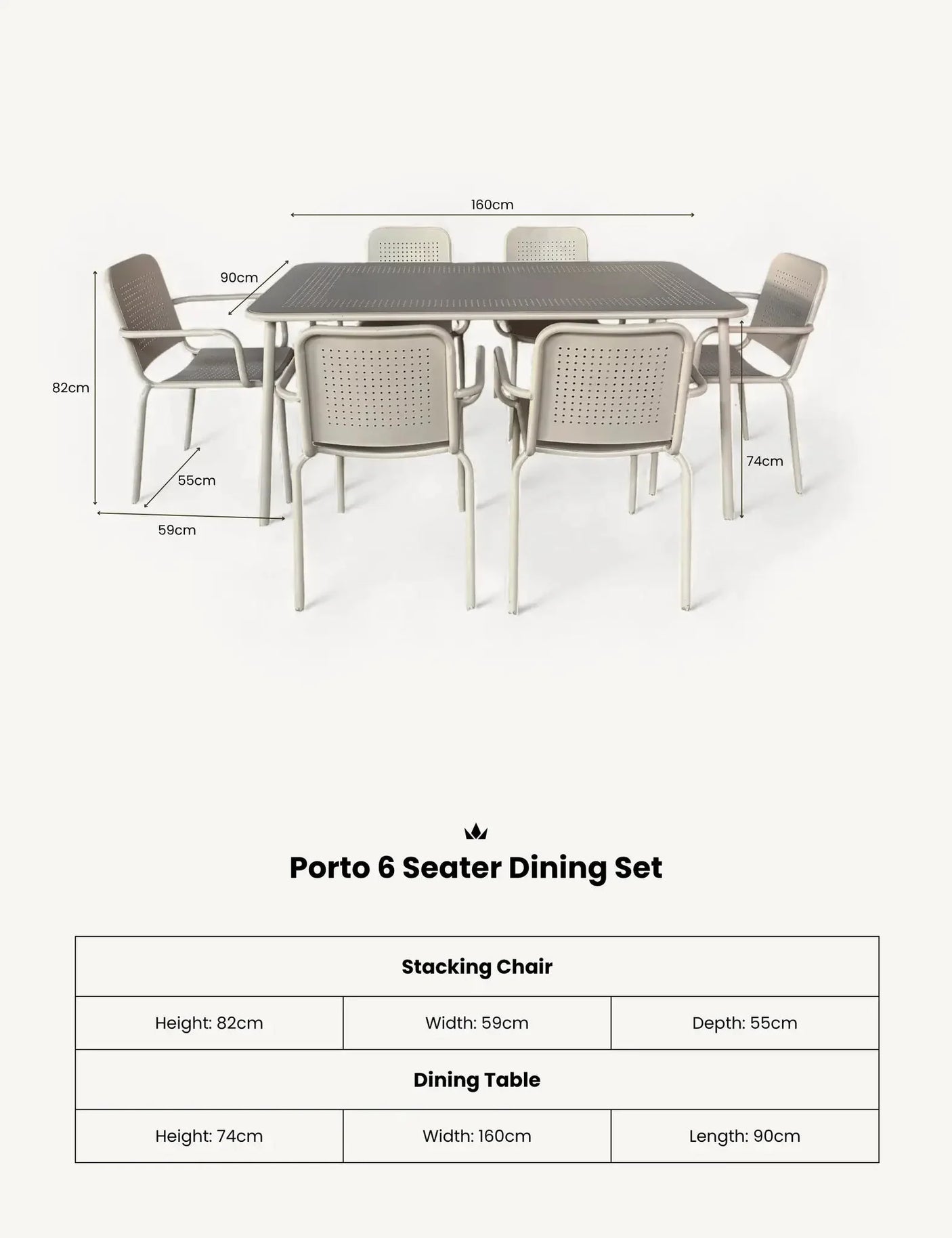 Porto 6 seater dining set in champagne finish with rectangular table and six stackable chairs