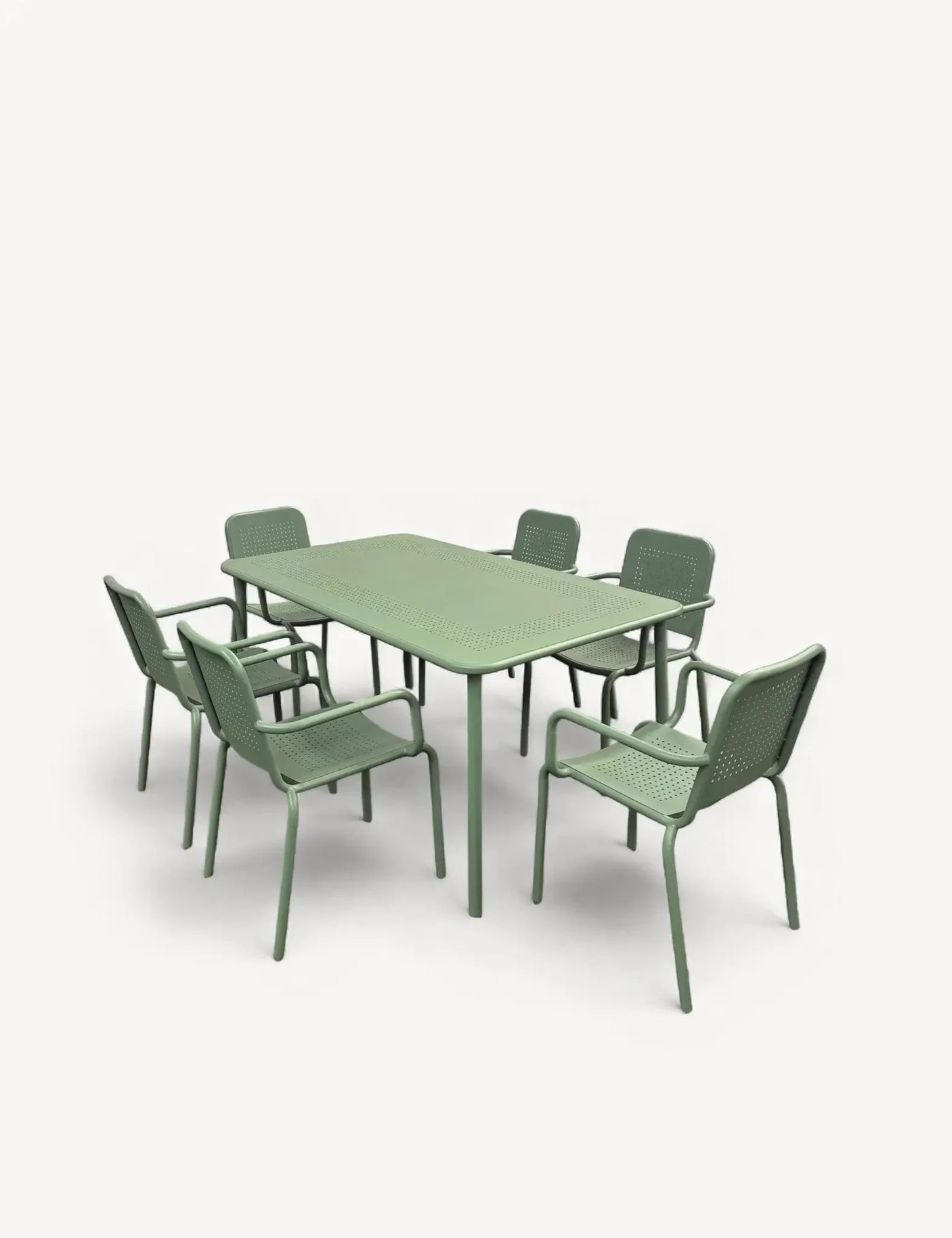 Olive green outdoor dining set with rectangular table and six matching chairs
