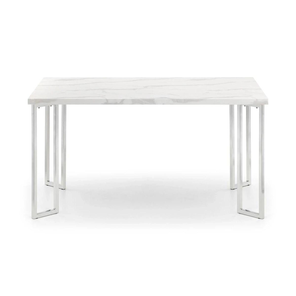 Rectangular white marble dining table with chrome metal legs on white background