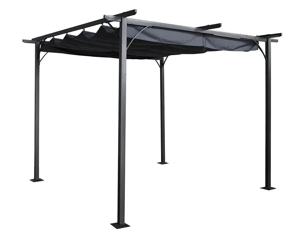 Grey metal pergola with flat roof and adjustable canopy, outdoor use, garden structure
