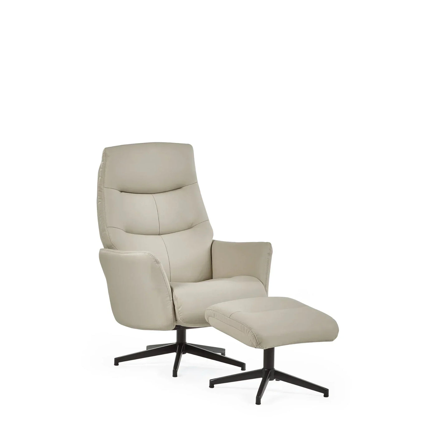Grey accent chair and matching stool with metal swivel bases on white background