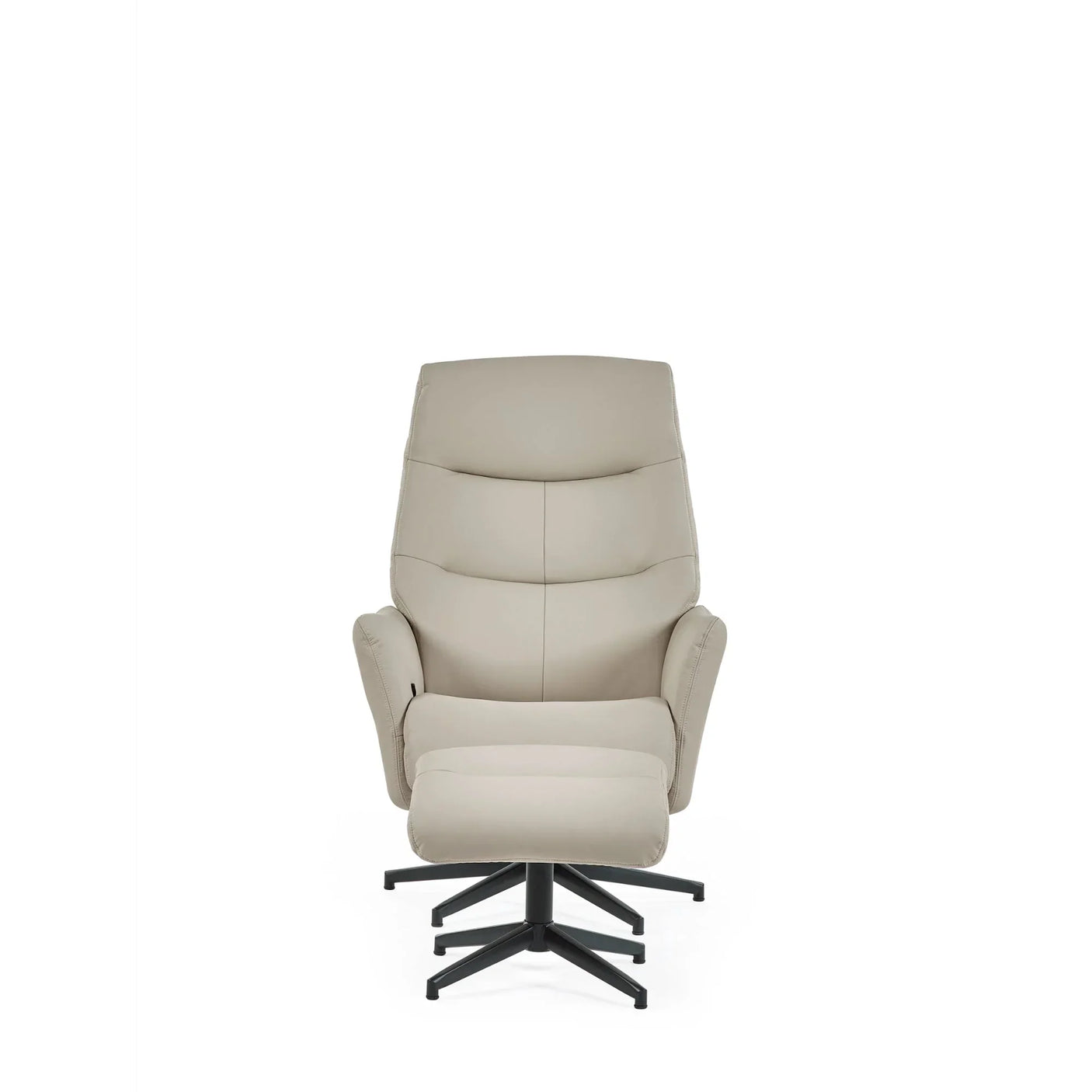 Grey recliner chair with matching footstool and black metal bases, front view