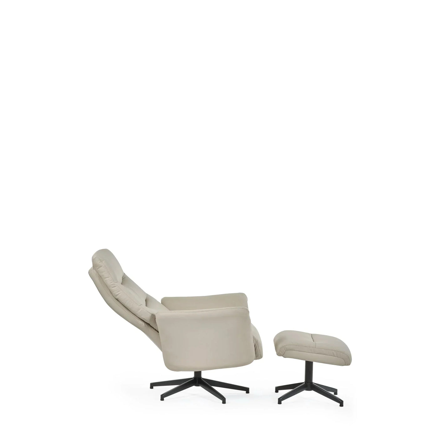 Grey accent recliner chair with matching footstool, side view, black star bases