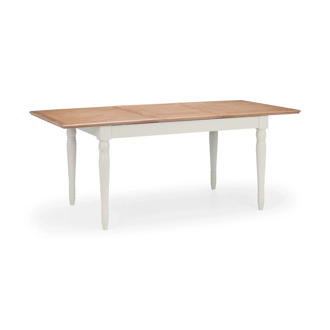 Rectangular extending dining table with light wood top and white painted spindle legs