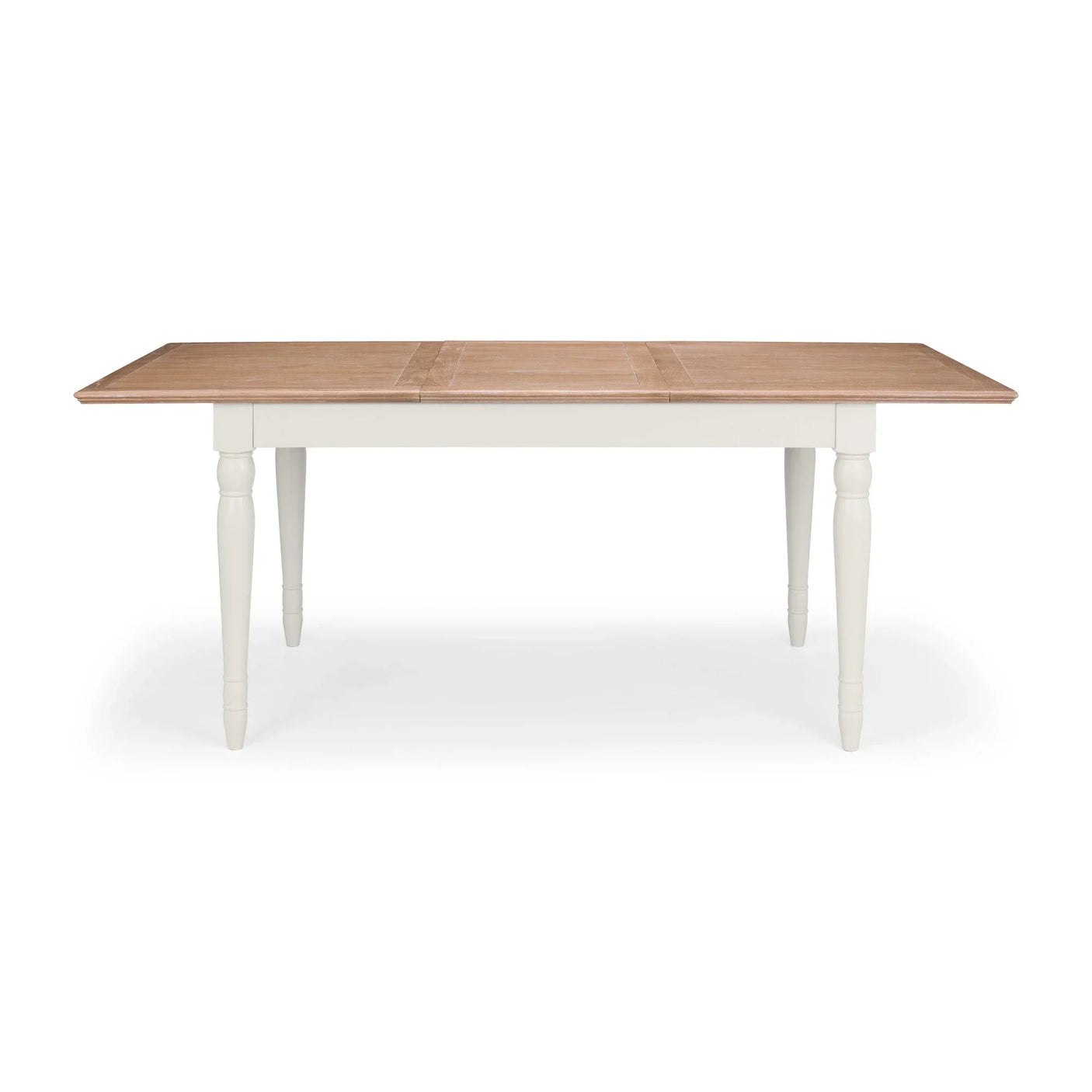 Rectangular wooden dining table with light oak top and white painted legs, front view