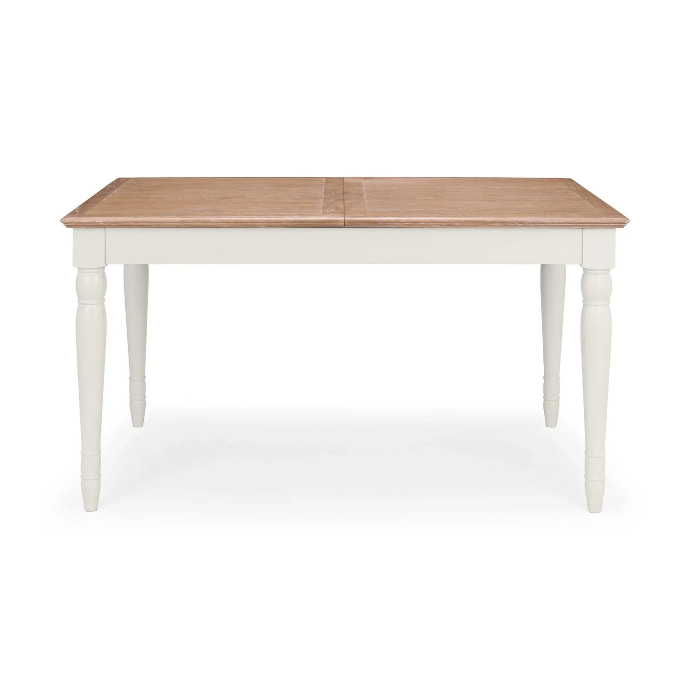 Rectangular wooden dining table with white legs and light oak tabletop, front view