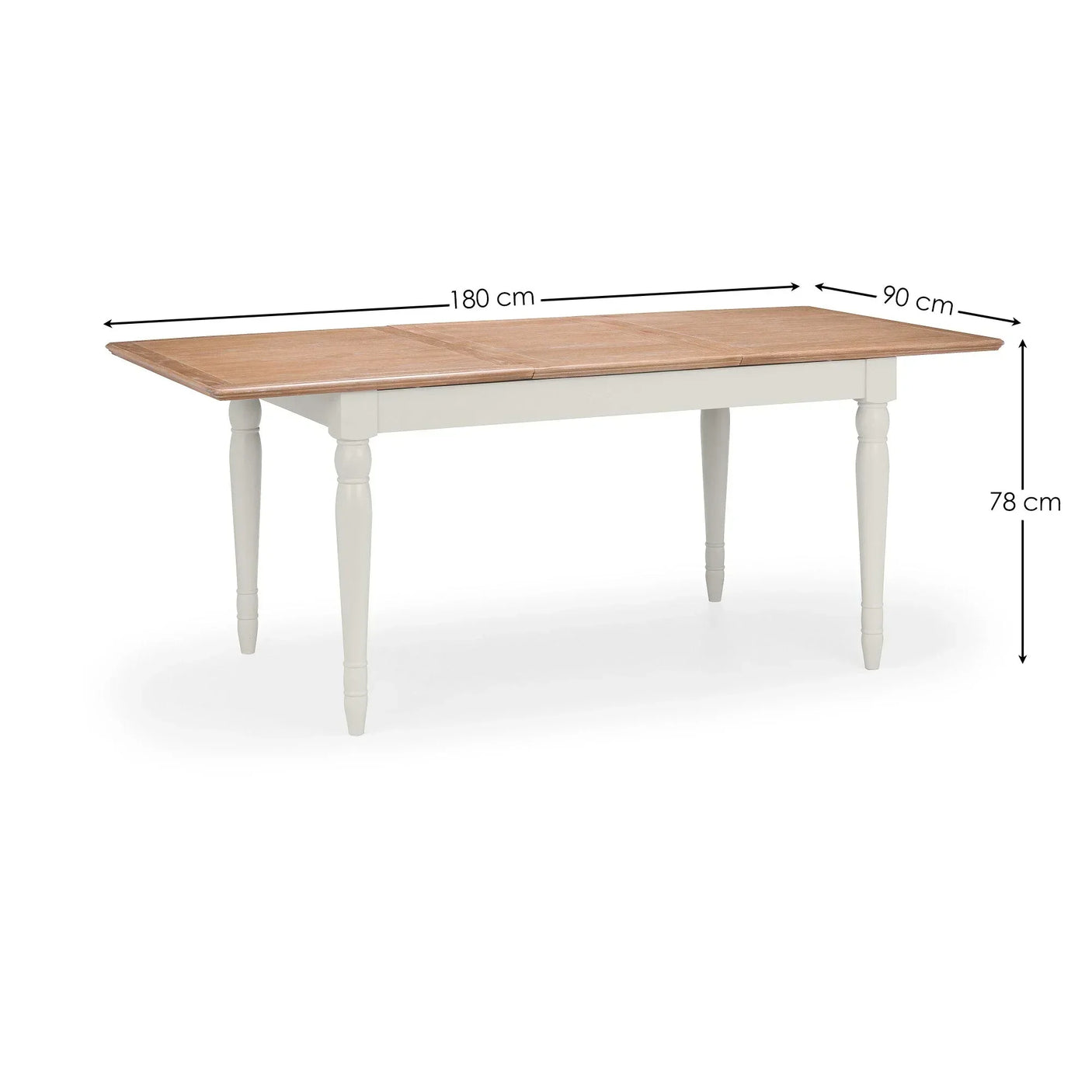 Rectangular wooden dining table with cream legs, 180cm x 90cm, height 78cm
