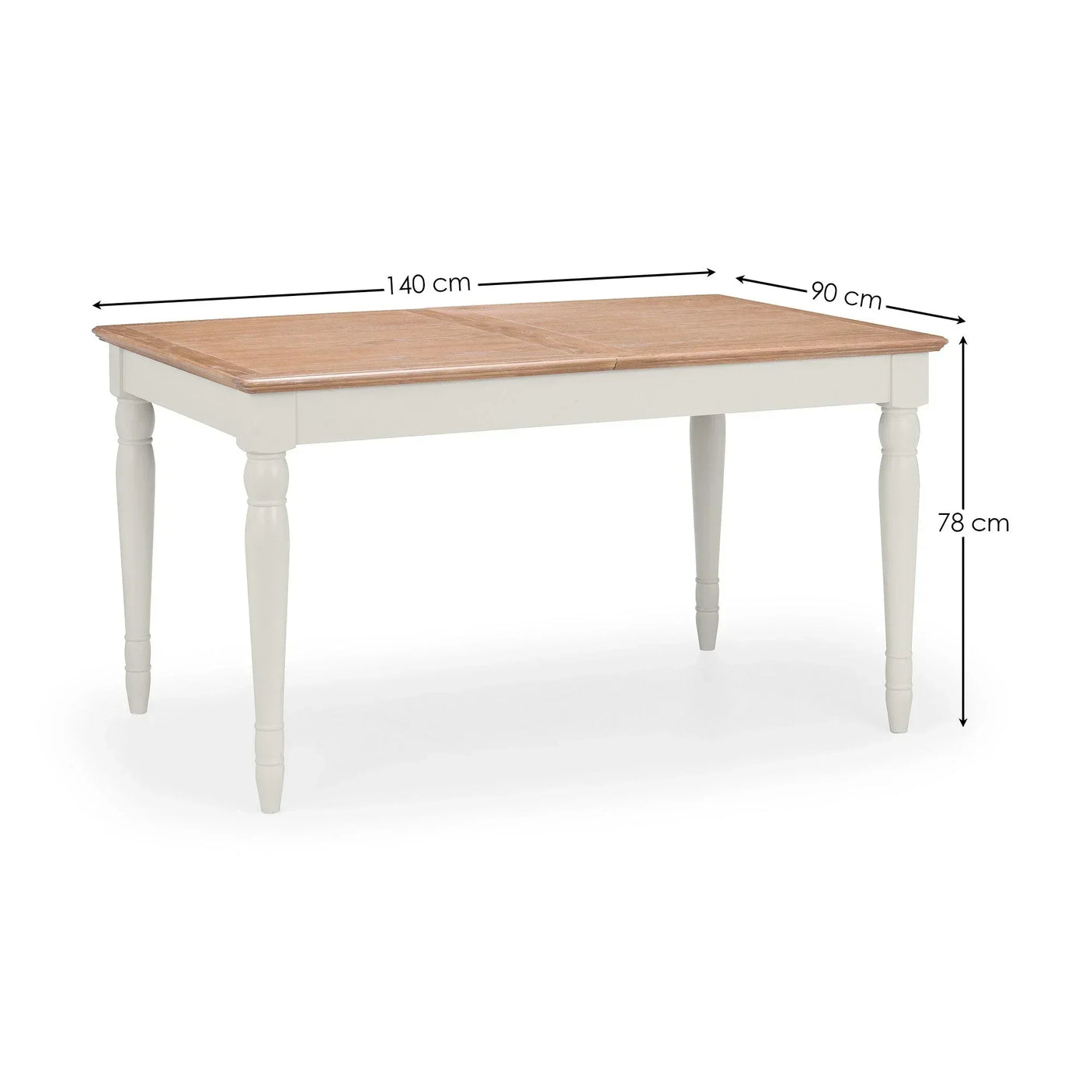 Rectangular dining table with light wood top, white legs, and size dimensions 140x90x78 cm