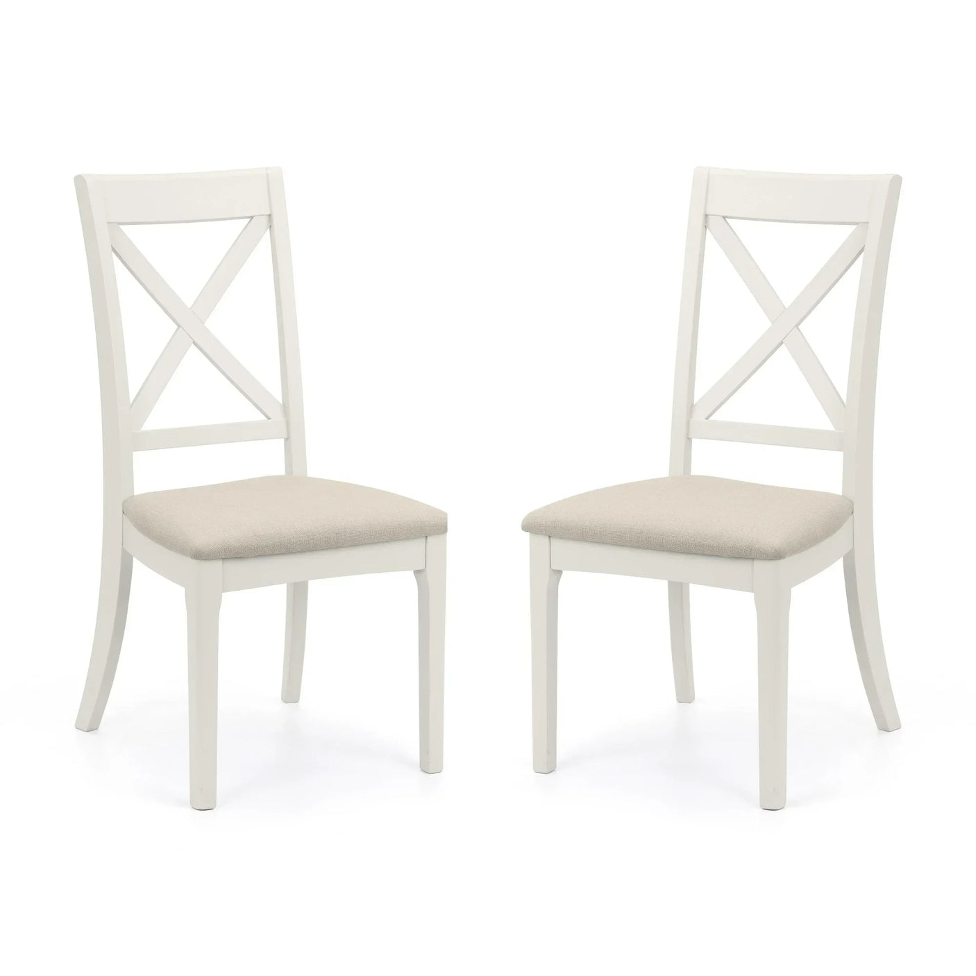 Pair of white dining chairs with cross back design and cushioned beige seats