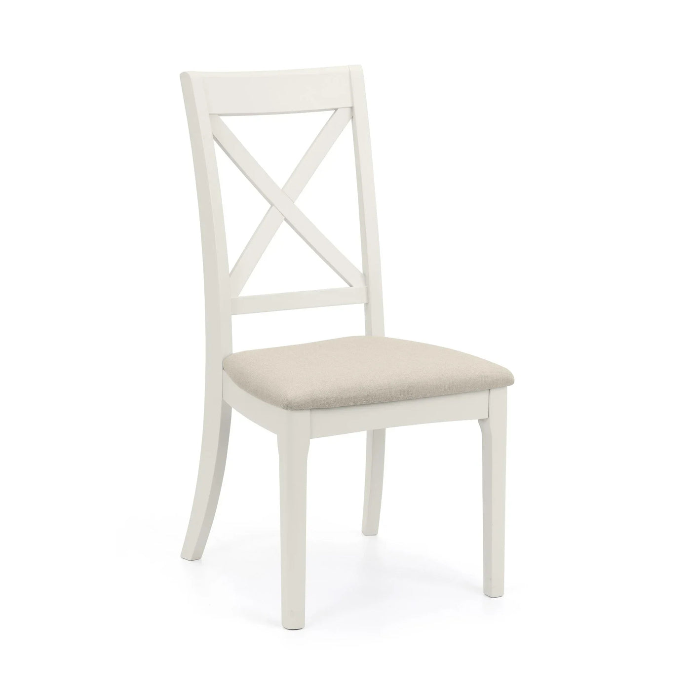 White wooden dining chair with cross backrest and beige upholstered seat, angled view