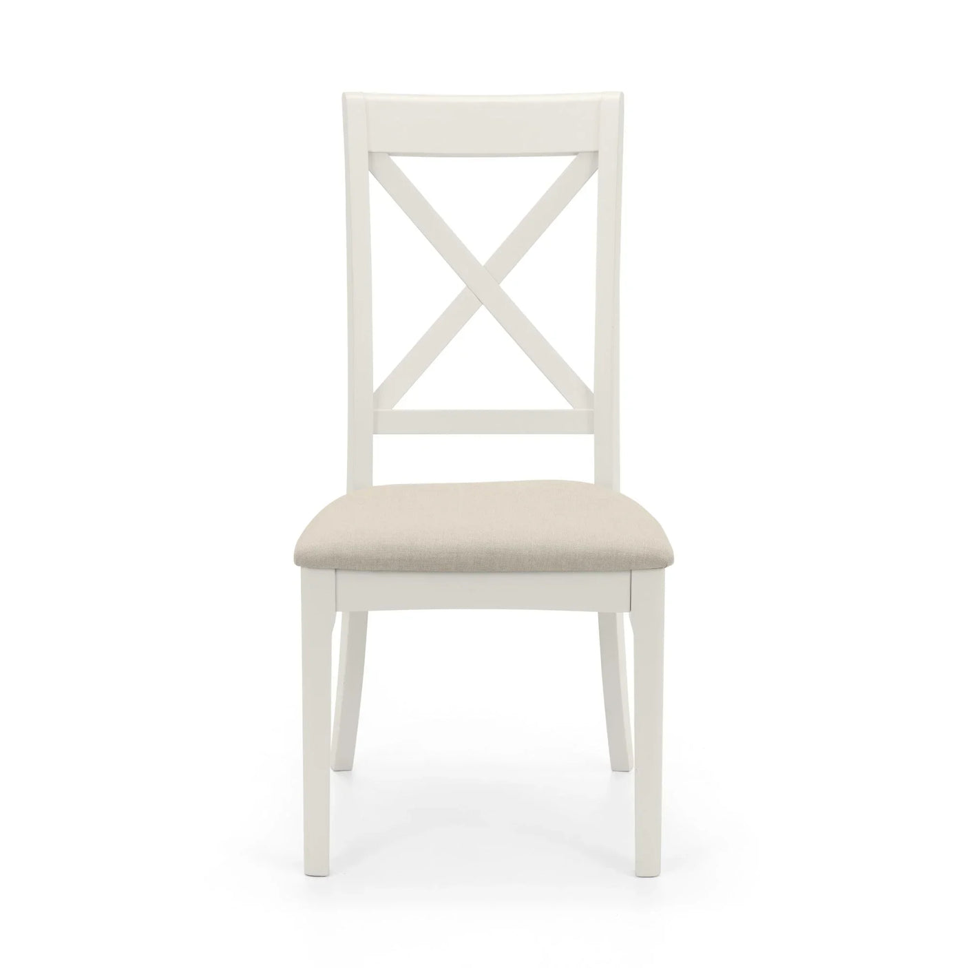White wooden dining chair with cross back and beige fabric seat, front view