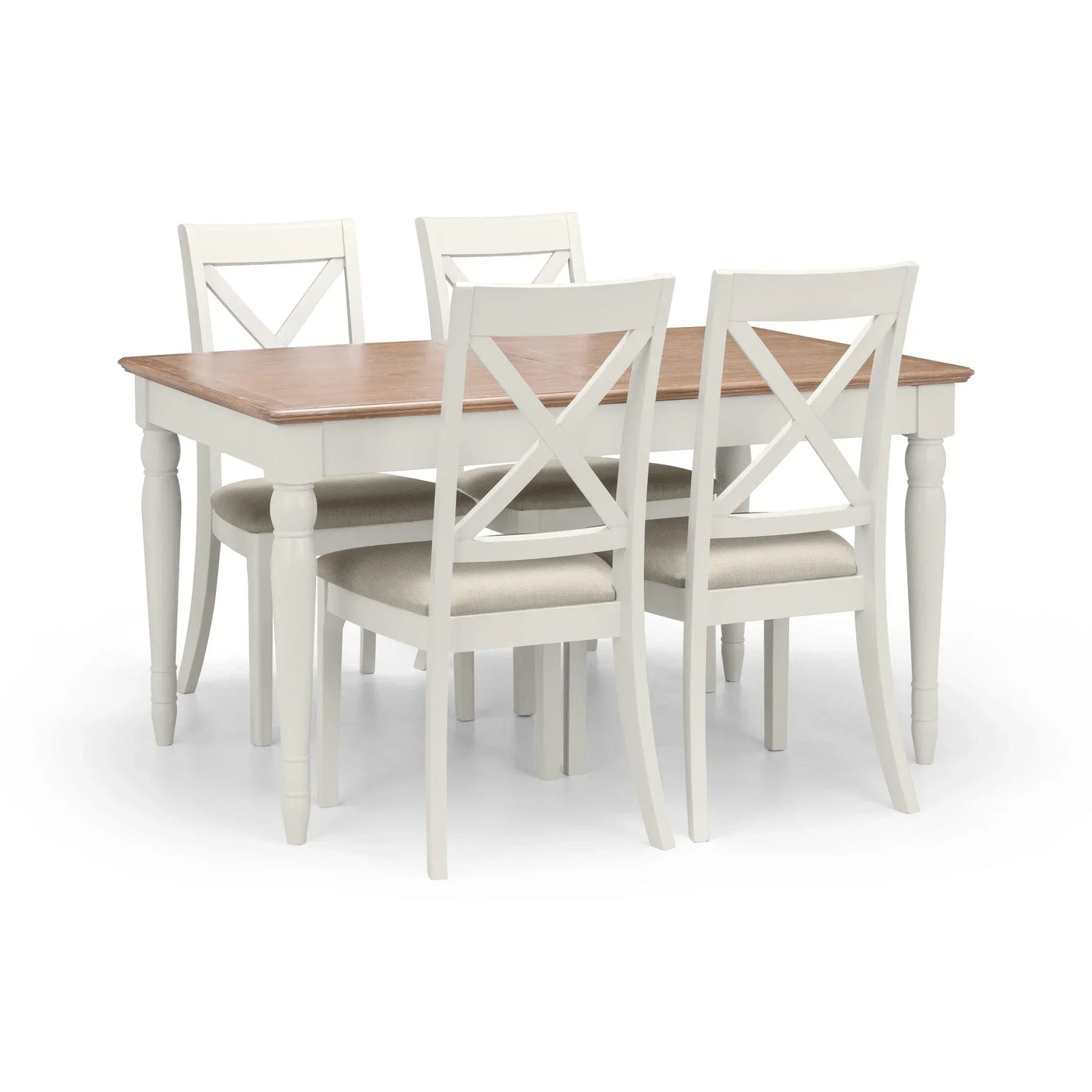 Wood dining table set with four white X-back chairs and upholstered seats