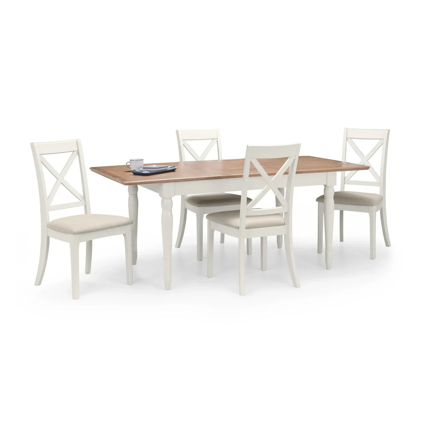 Wood dining table with four cream chairs and cushioned seats, set on white background