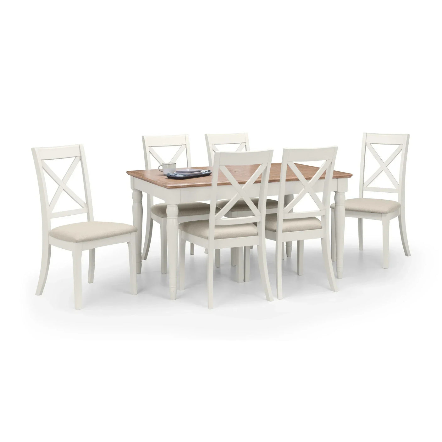 White wooden dining table set with six cream upholstered chairs and oak top