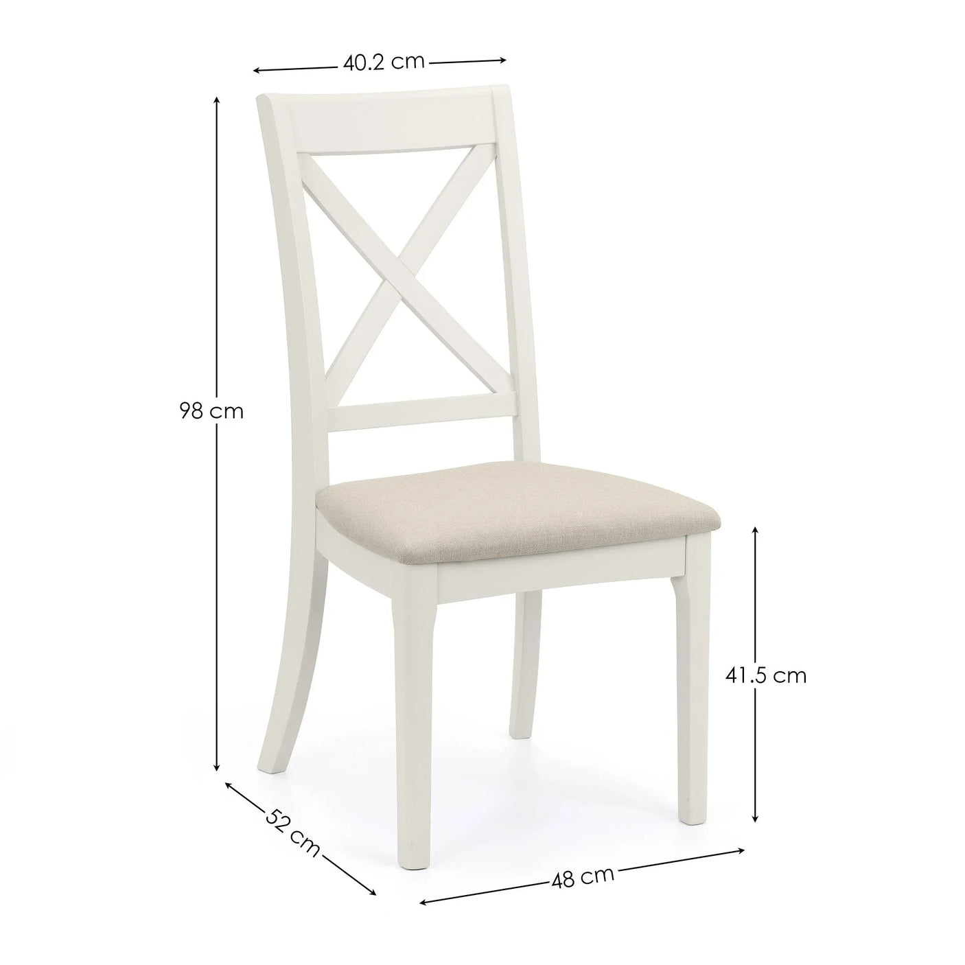 White dining chair with beige upholstered seat, x-back design, and visible measurements