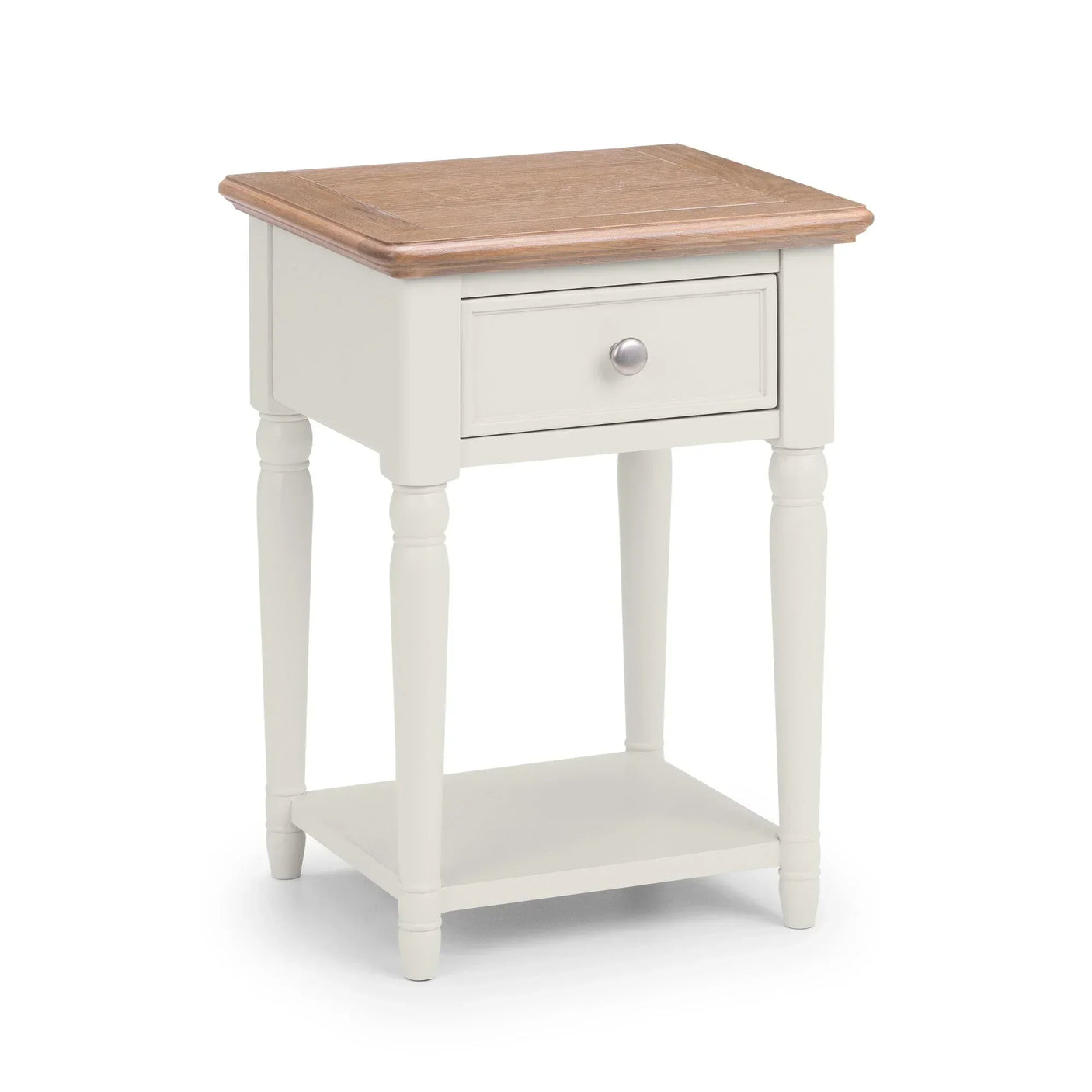 Cream bedside table with single drawer, oak top, silver knob and lower shelf
