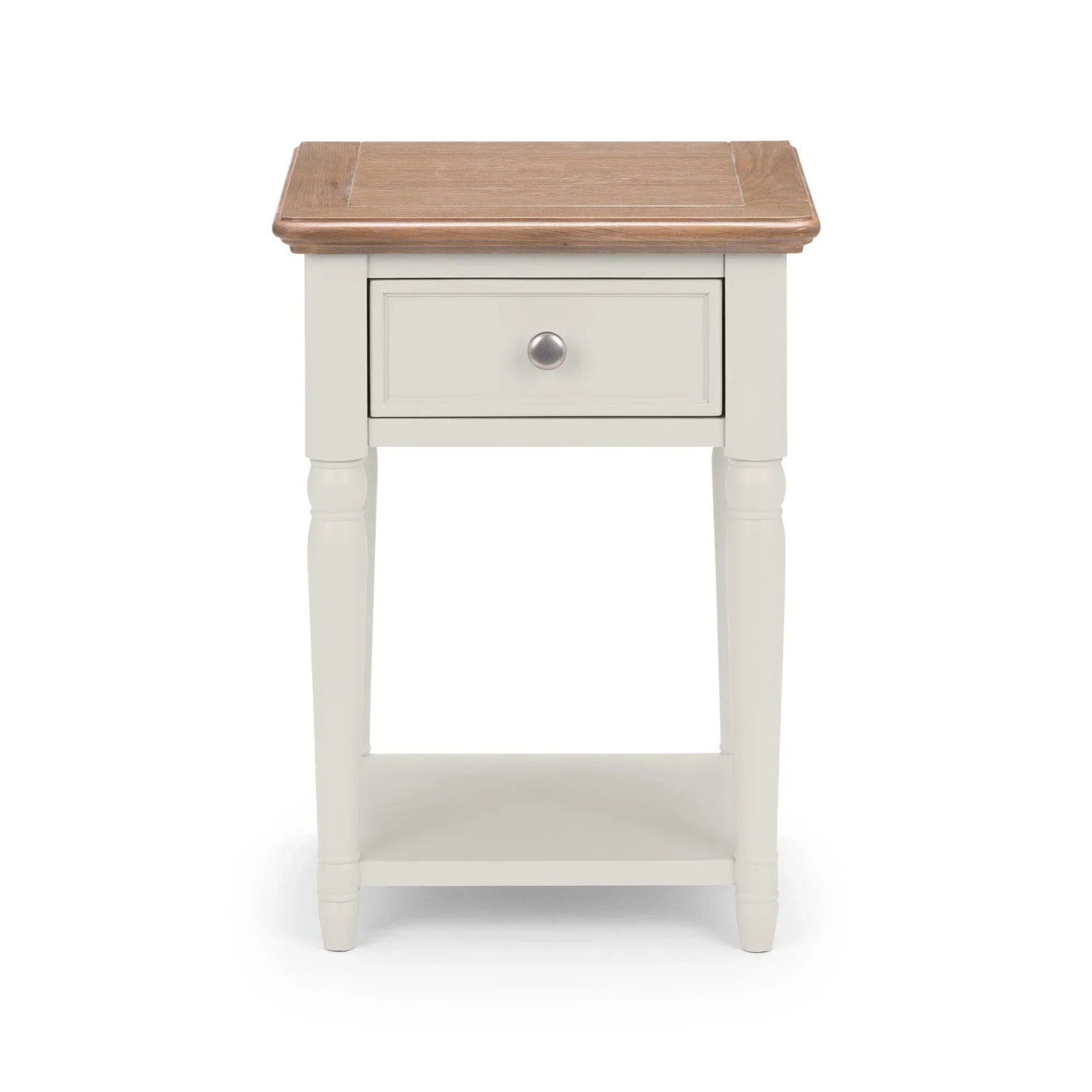 Cream and oak bedside table with single drawer and lower shelf, front view
