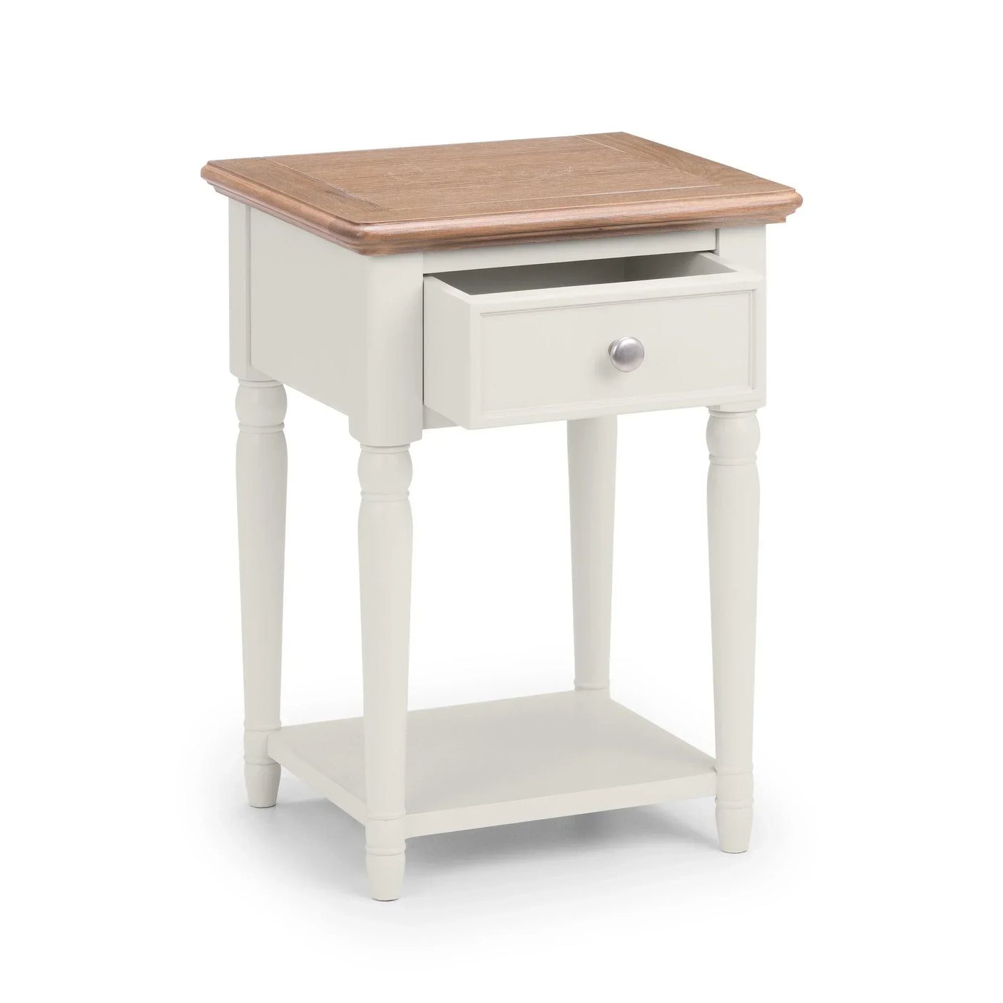 Cream bedside table with oak top, turned legs, lower shelf and open drawer