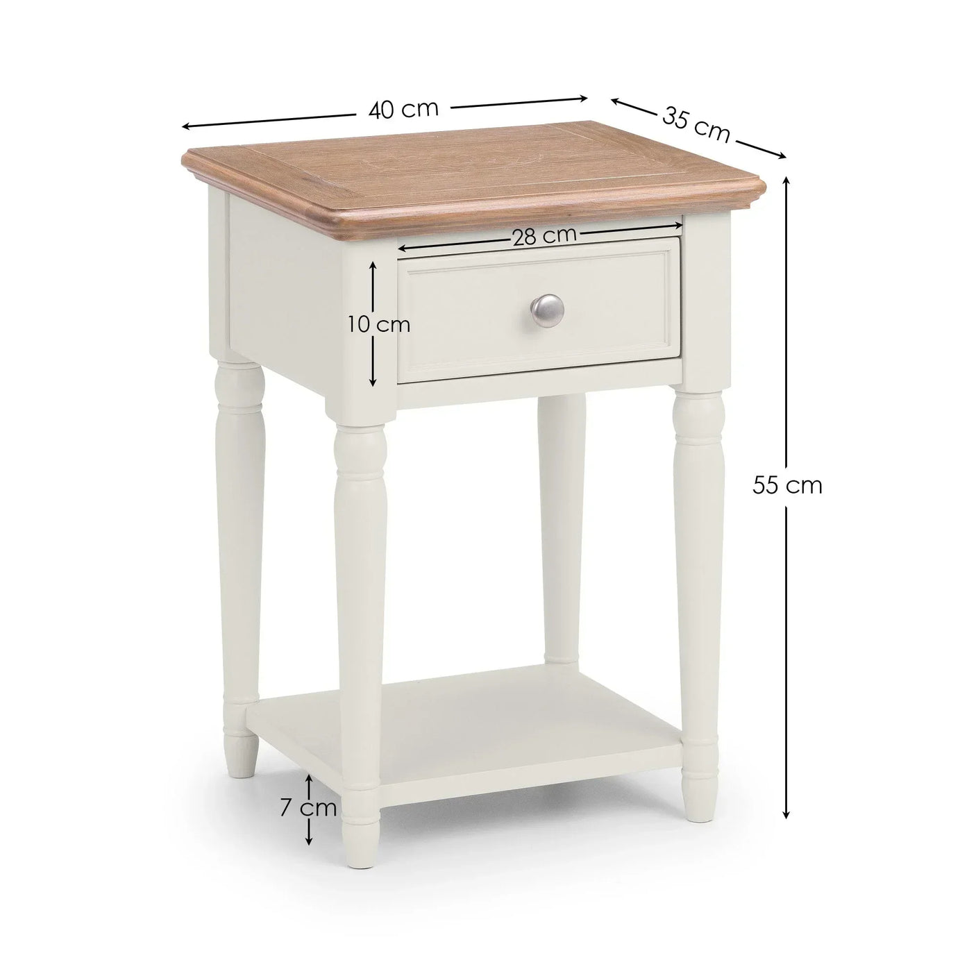 Cream bedside table with wood top, drawer, lower shelf, and measurements in centimeters