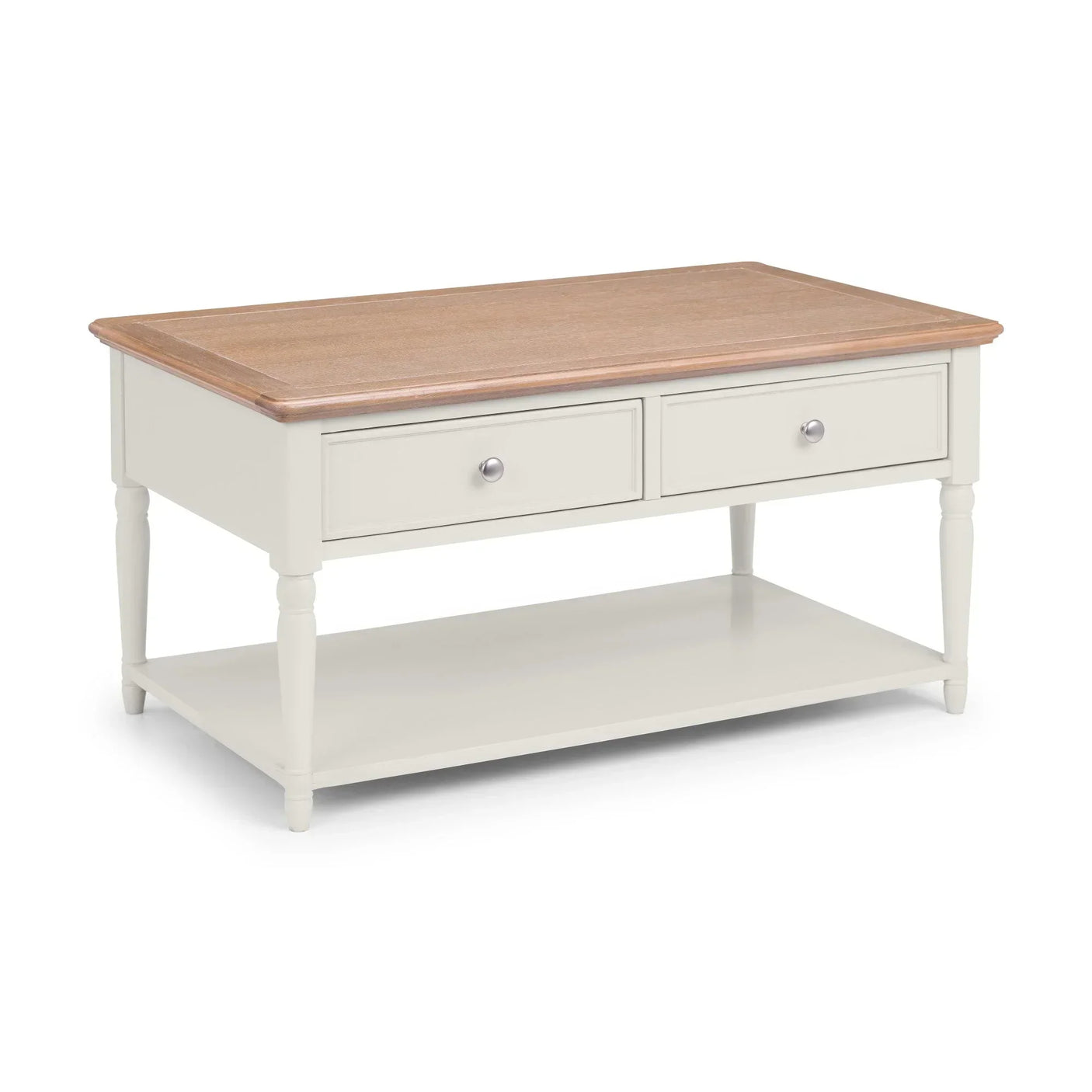 Cream coffee table with wooden top, two front drawers and lower shelf, angled view