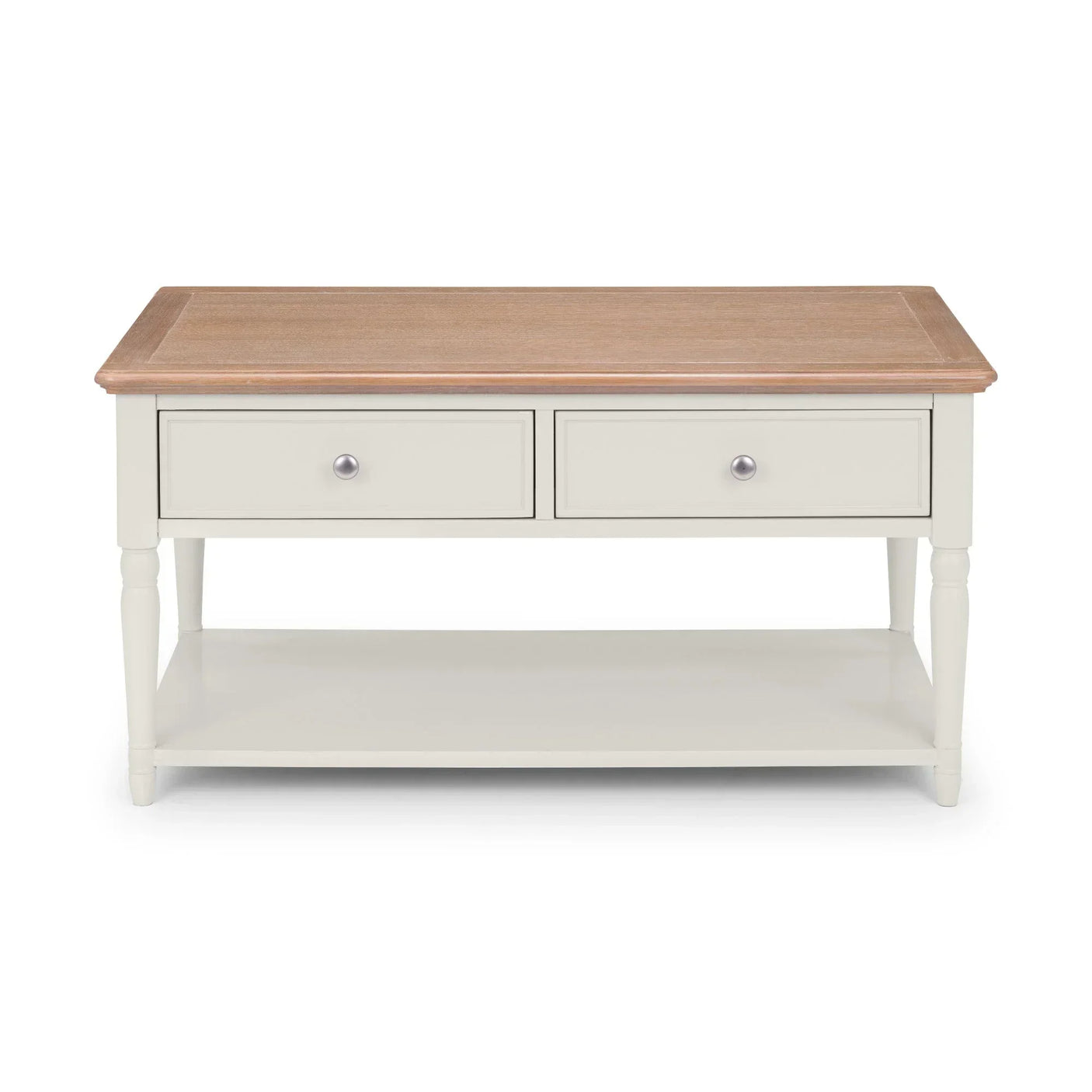Cream wood coffee table with two drawers and lower shelf, oak effect top, front view