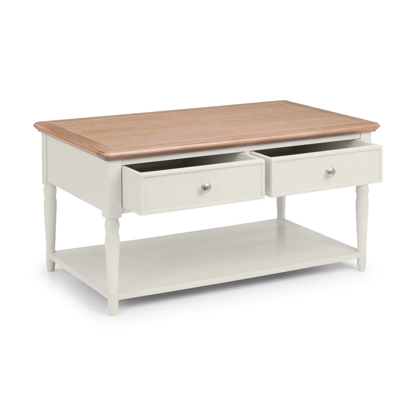 Cream coffee table with wooden top, two open drawers and lower storage shelf