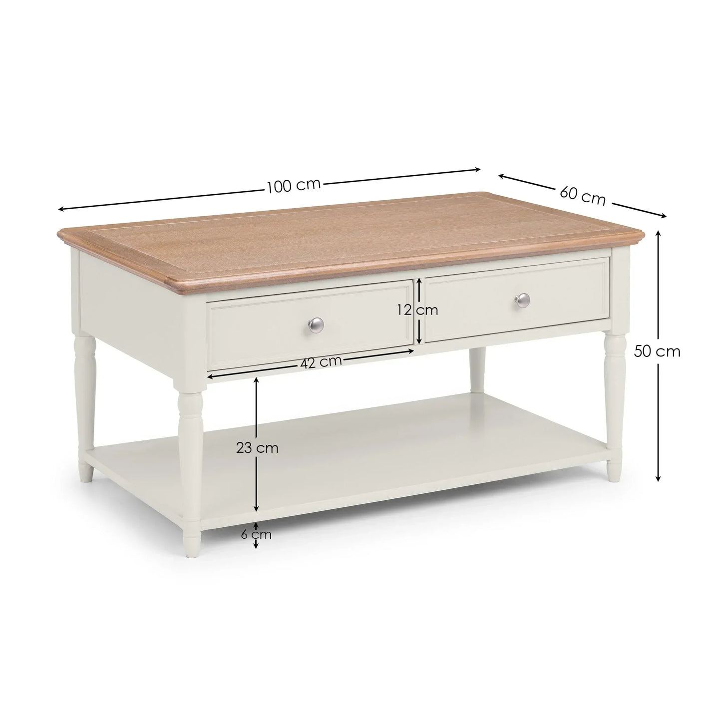 White coffee table with two drawers, lower shelf, and wood top, shown with measurements