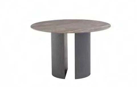 Round dining table with ribbed grey pedestal legs and wood effect top